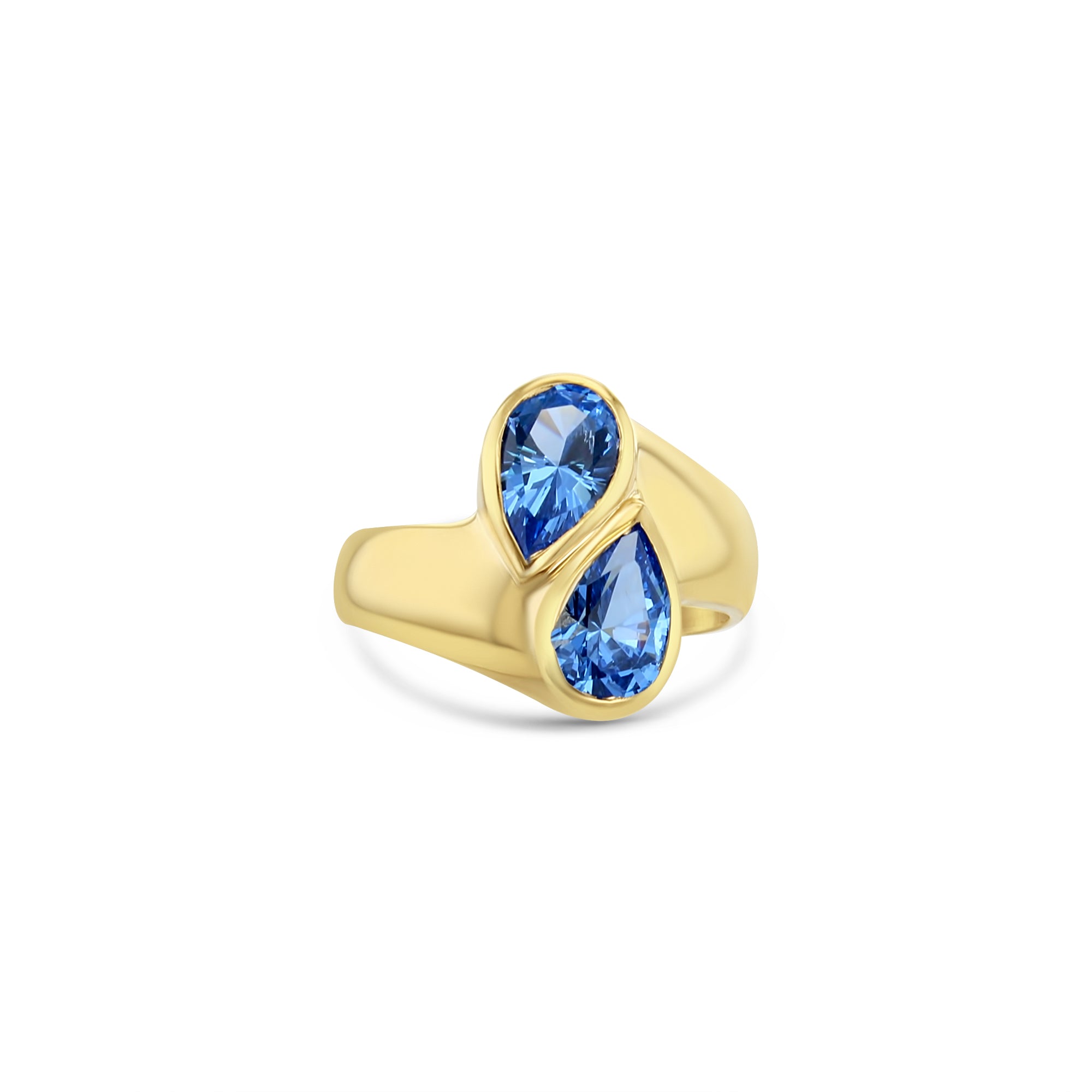 Anillo de oro amarillo de 14 k con topacio azul en forma de lágrima