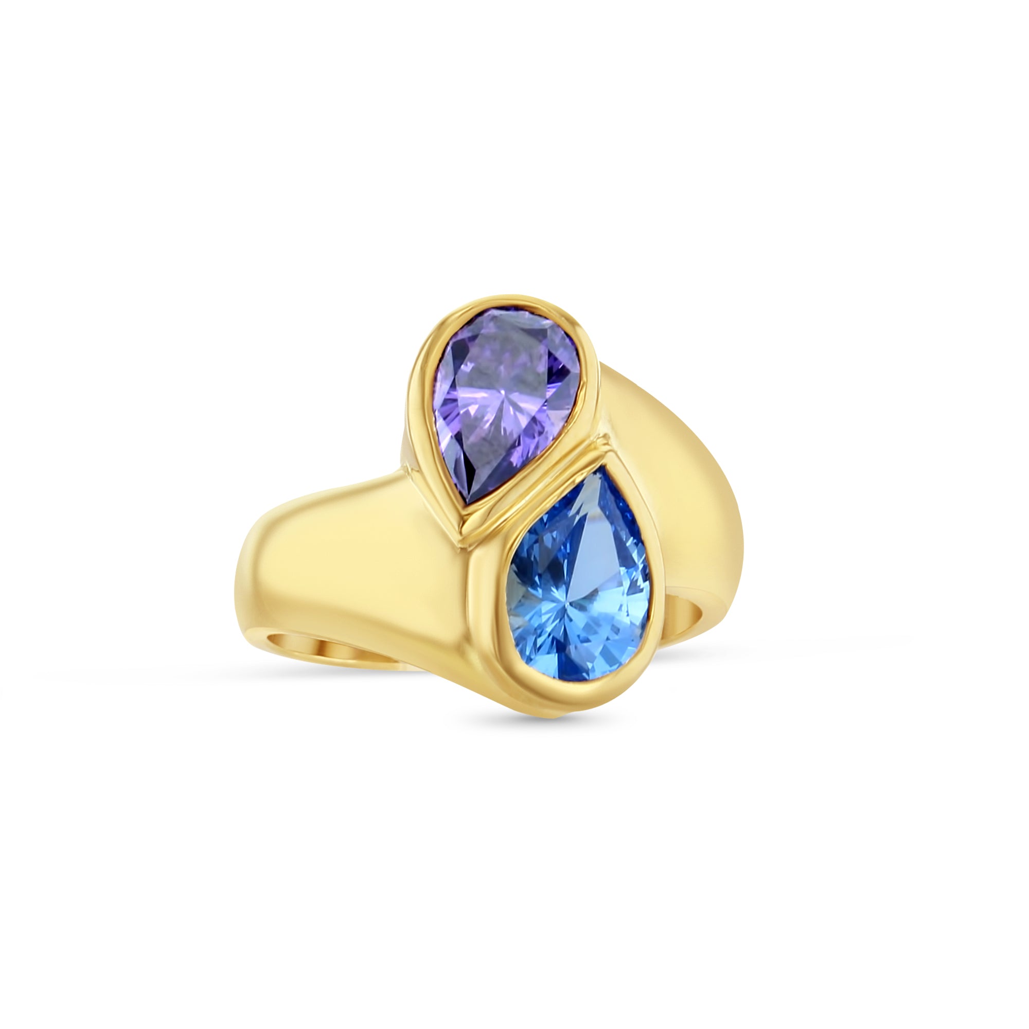 Bague en forme de poire avec topaze bleue et améthyste