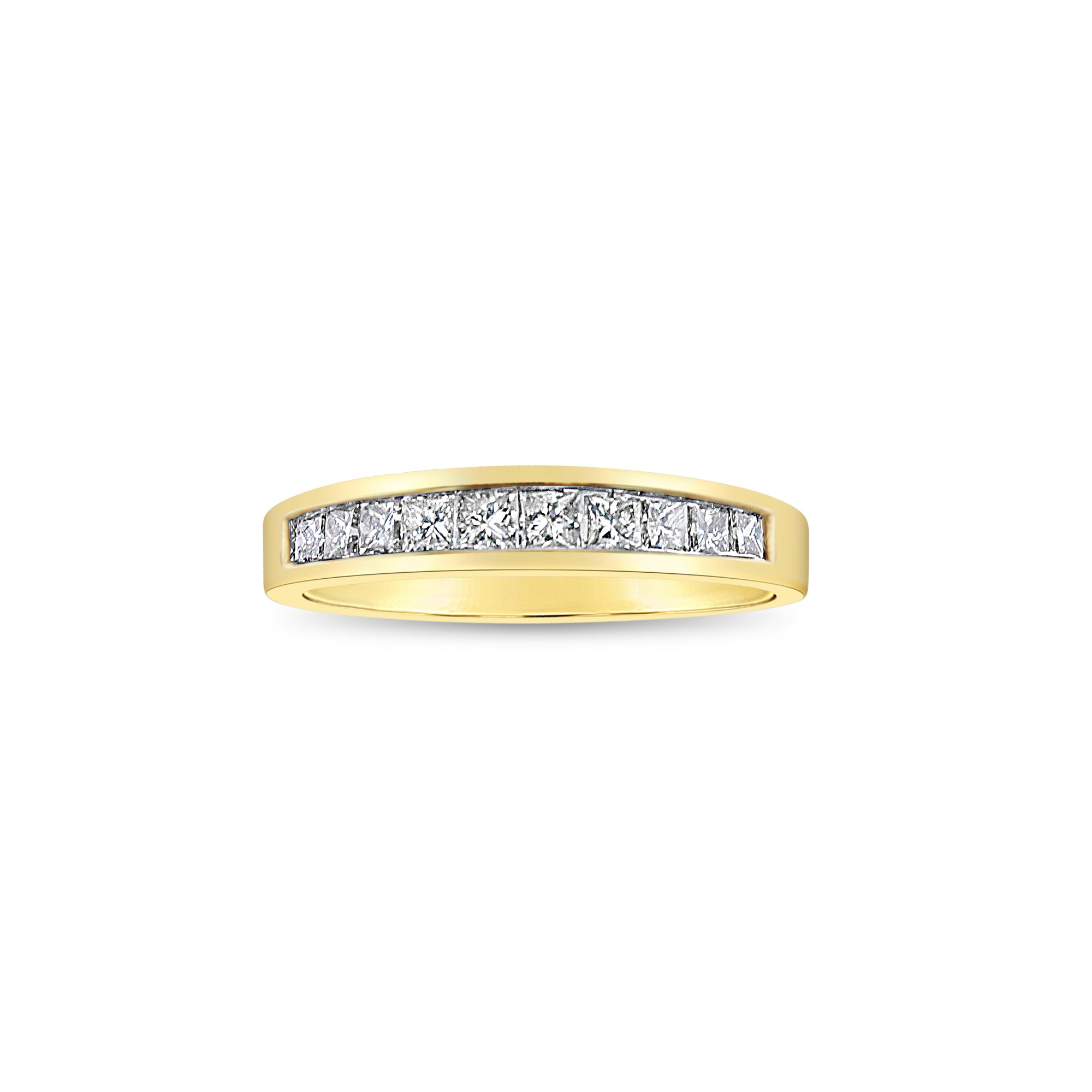 Alianza de boda con diamantes de talla princesa en oro amarillo de 14 k