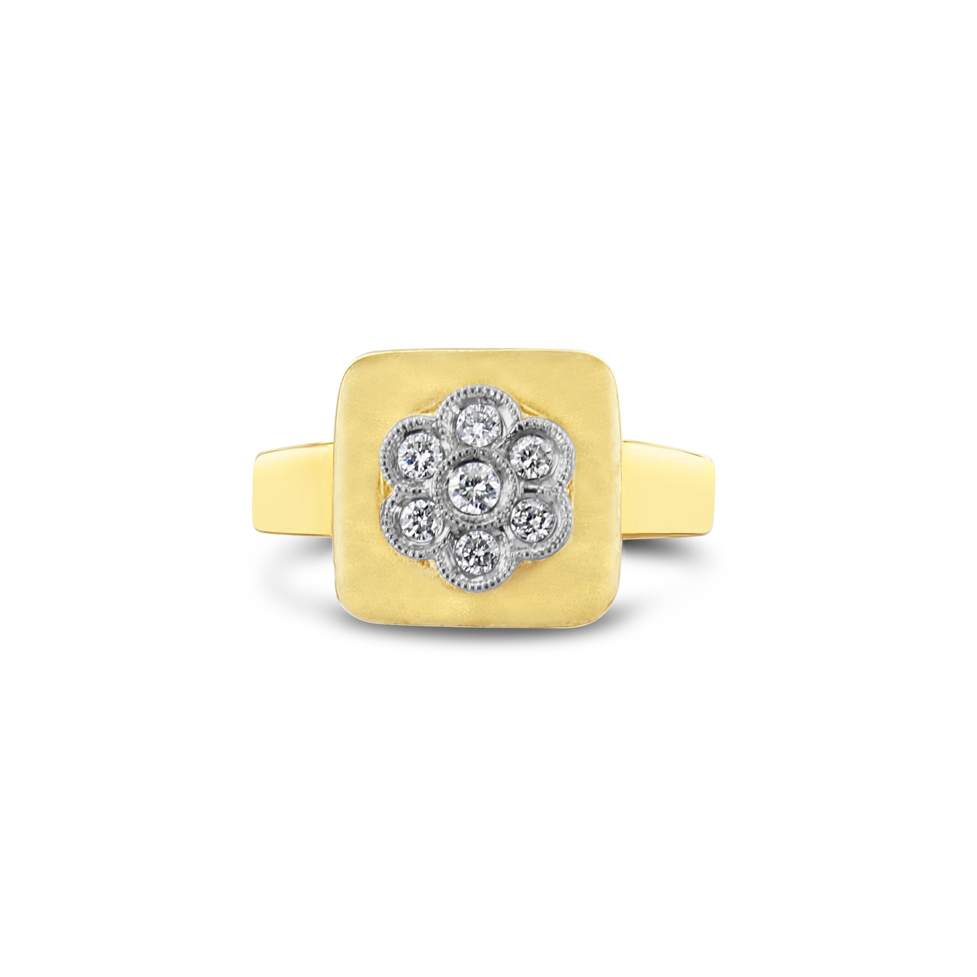 Anillo de oro amarillo de 14 k con acabado satinado cepillado y forma de flor de diamante