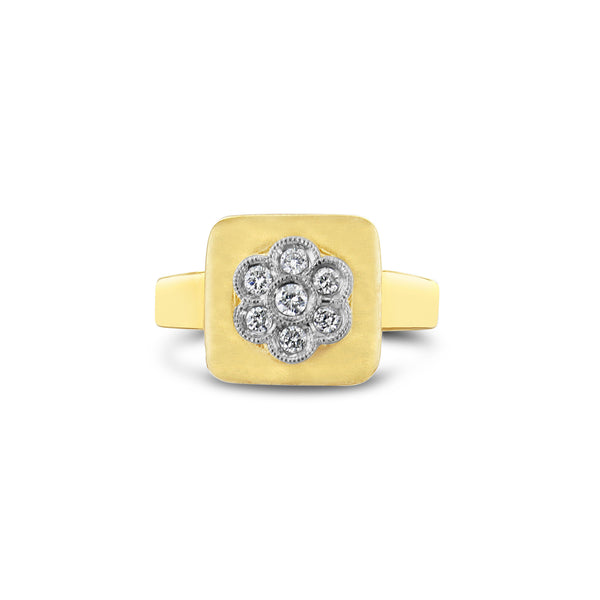 Diamond Flower Shaped Brushed Satin Finish Ring 14k Yellow Gold