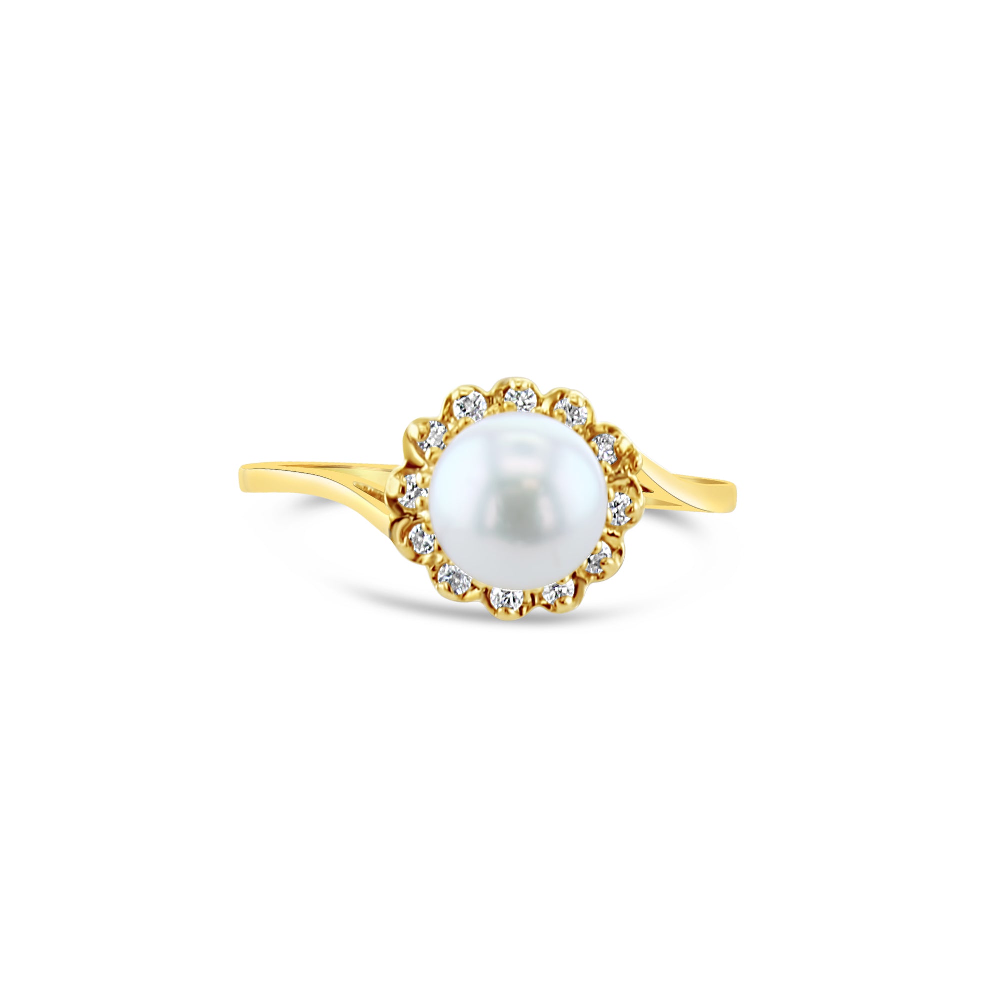 6MM Freshwater Pearl Diamond Halo Ring 14k Yellow Gold