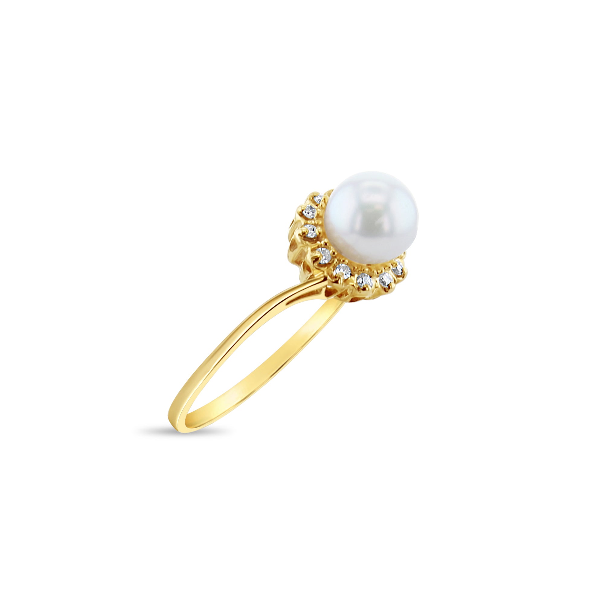 6MM Freshwater Pearl Diamond Halo Ring 14k Yellow Gold