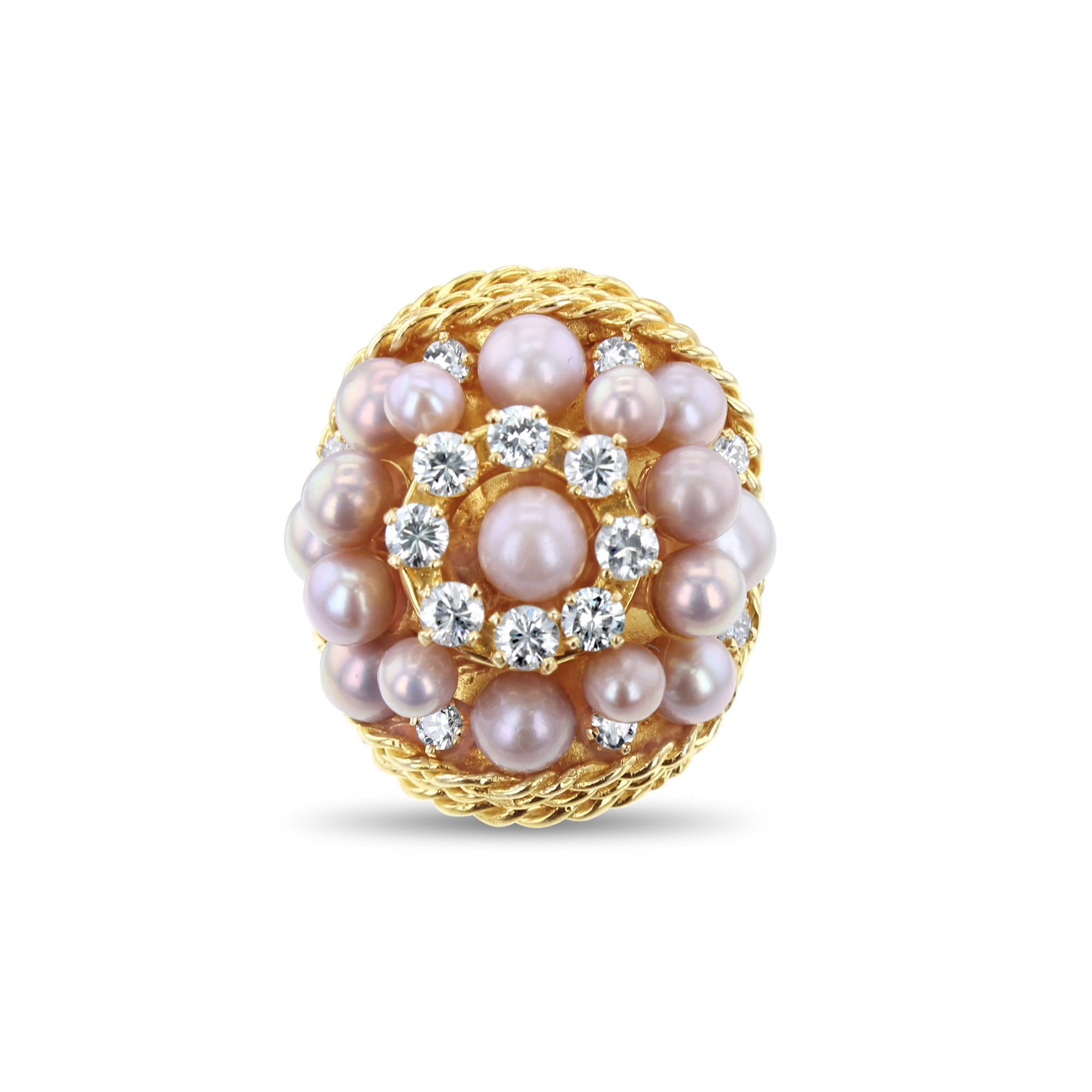 Bague cocktail triple halo en perles roses et diamants avec motif corde