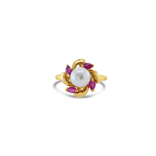 Pearl Center with Marquise Ruby Accent Ring 14k Yellow Gold