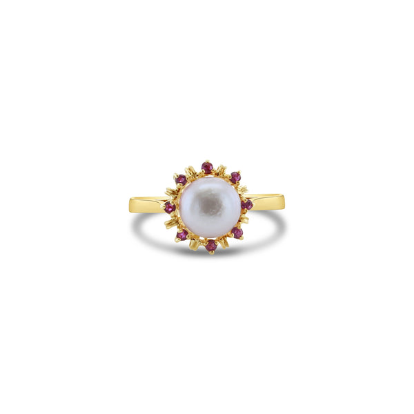 8MM Pearl Ring with Ruby Halo 14k Yellow Gold