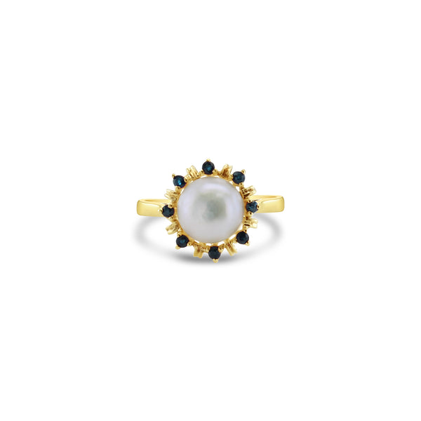 8MM Pearl Ring with Sapphire Halo 14k Yellow Gold