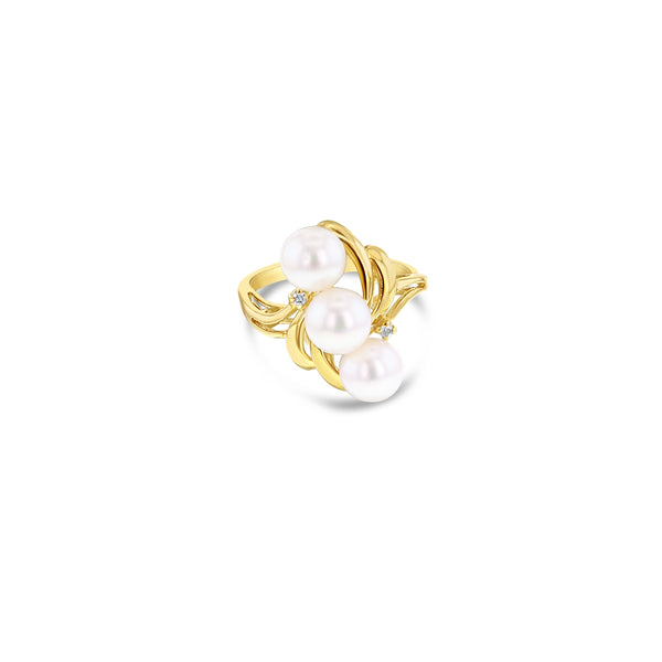 Three Pearl Diagonal Cluster Ring with Diamond Accents 14k Yellow Gold