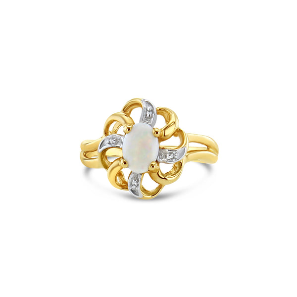 Oval Opal Solitaire Diamond Ring 10k Yellow Gold