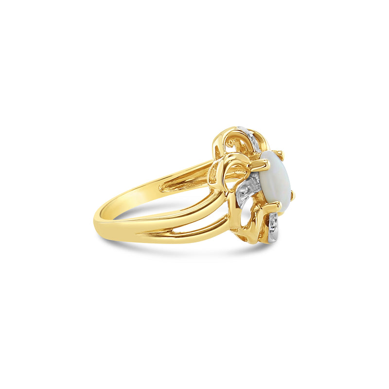 Oval Opal Solitaire Diamond Ring 10k Yellow Gold