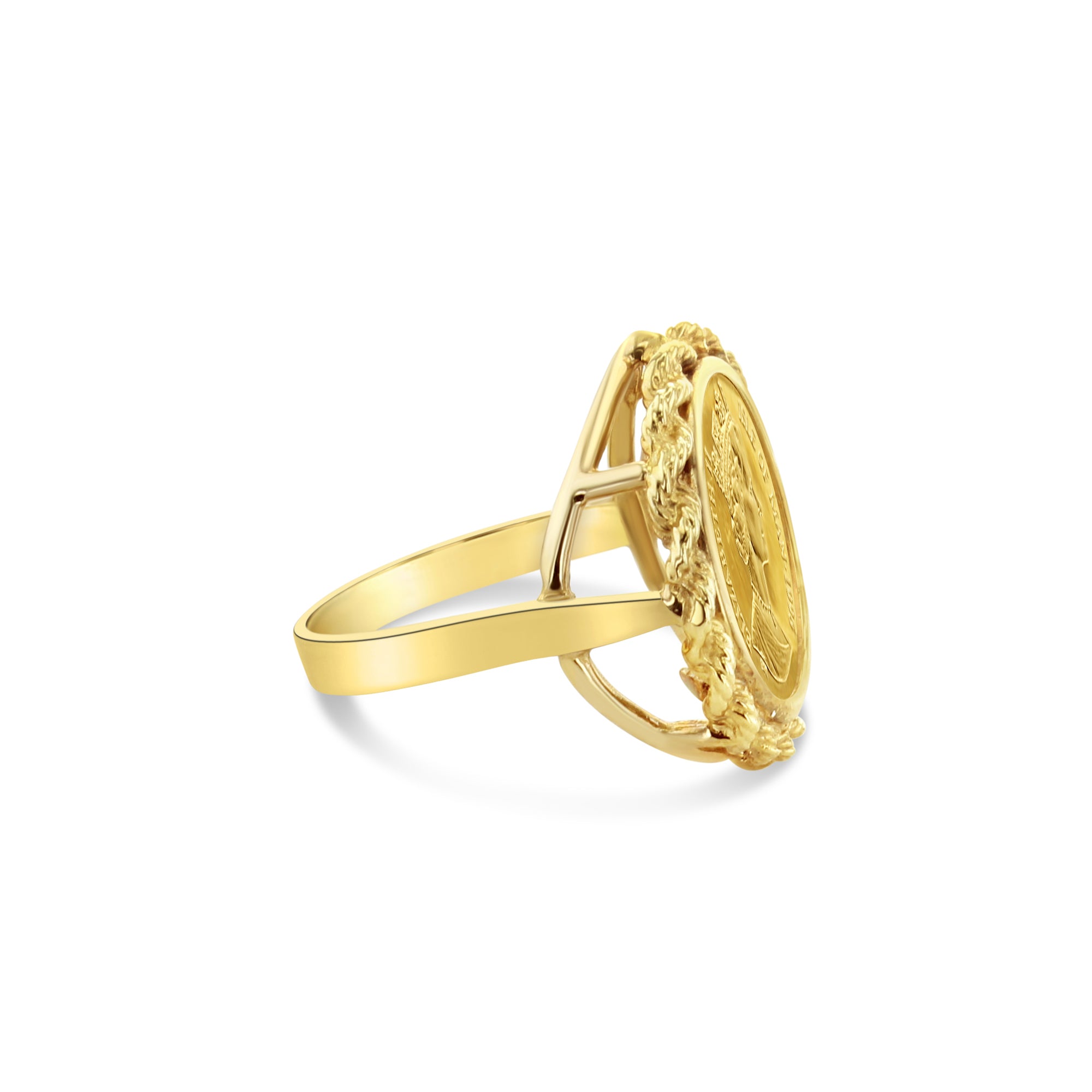 Anillo de cuerda con moneda de oro de la Isla de Man de Isabel II en oro amarillo de 14 k