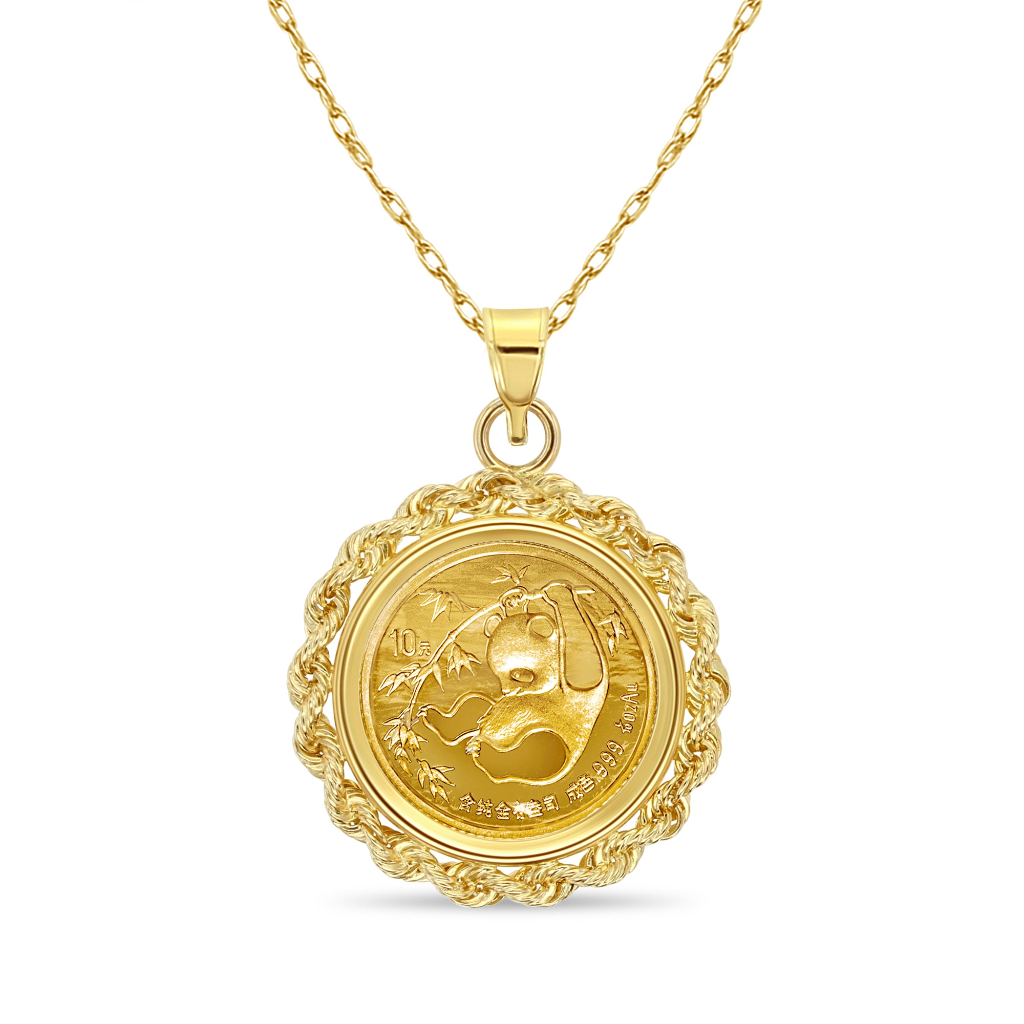 Moneda de oro con forma de panda chino de 1/10 oz con collar con bisel de cuerda