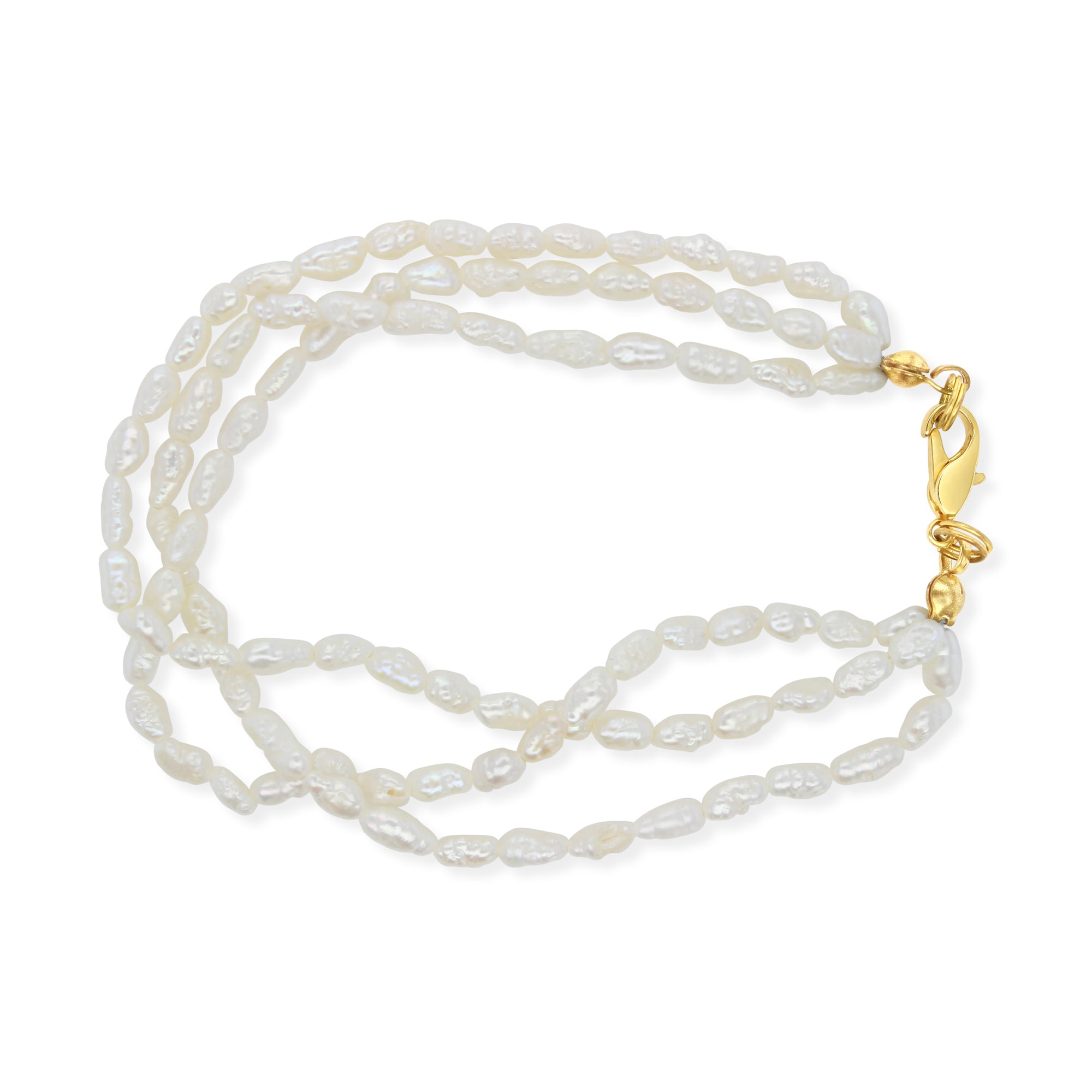 Pulsera de triple perla de arroz en oro amarillo de 14 k