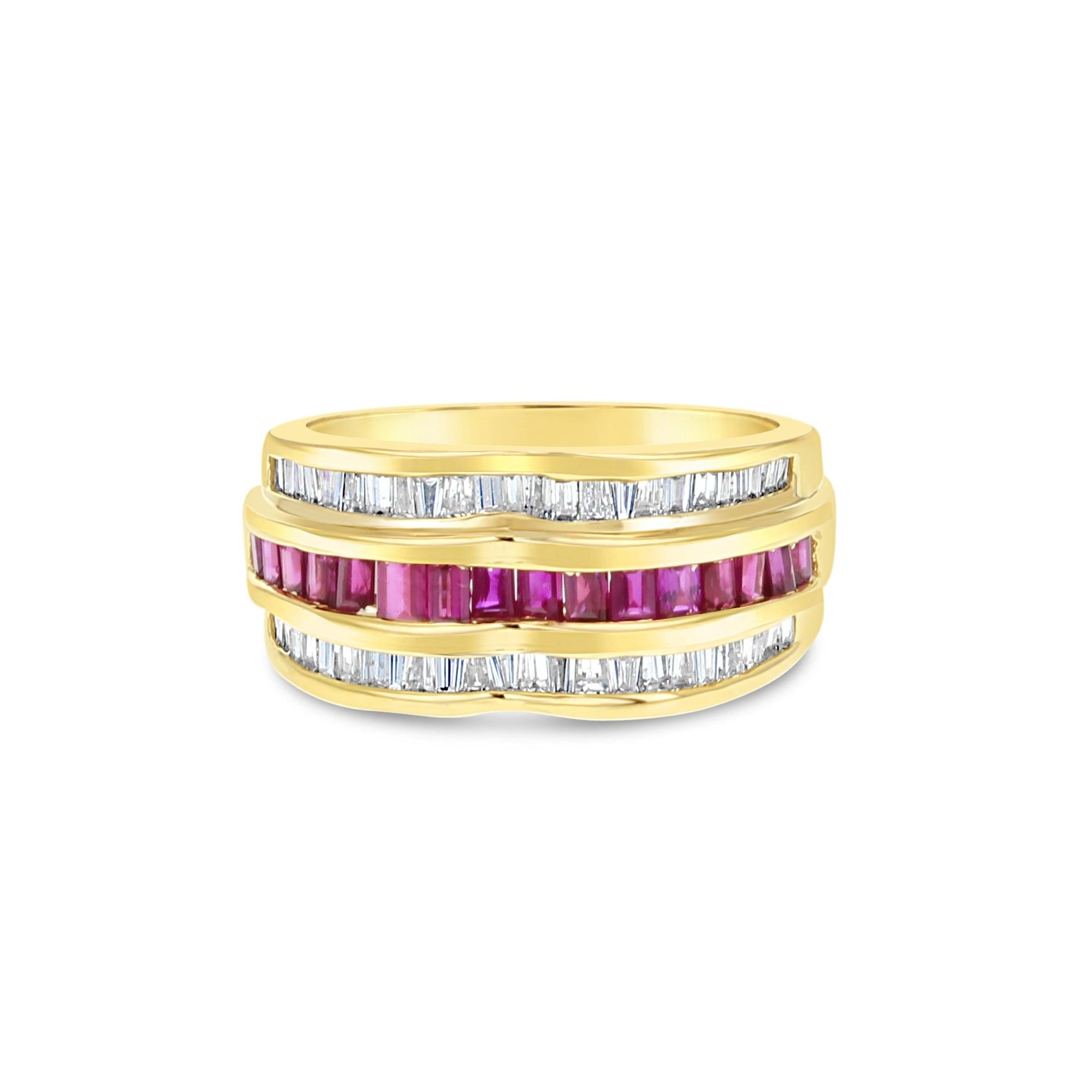 Ruby & Diamond Baguette Cocktail Ring 14k Yellow Gold