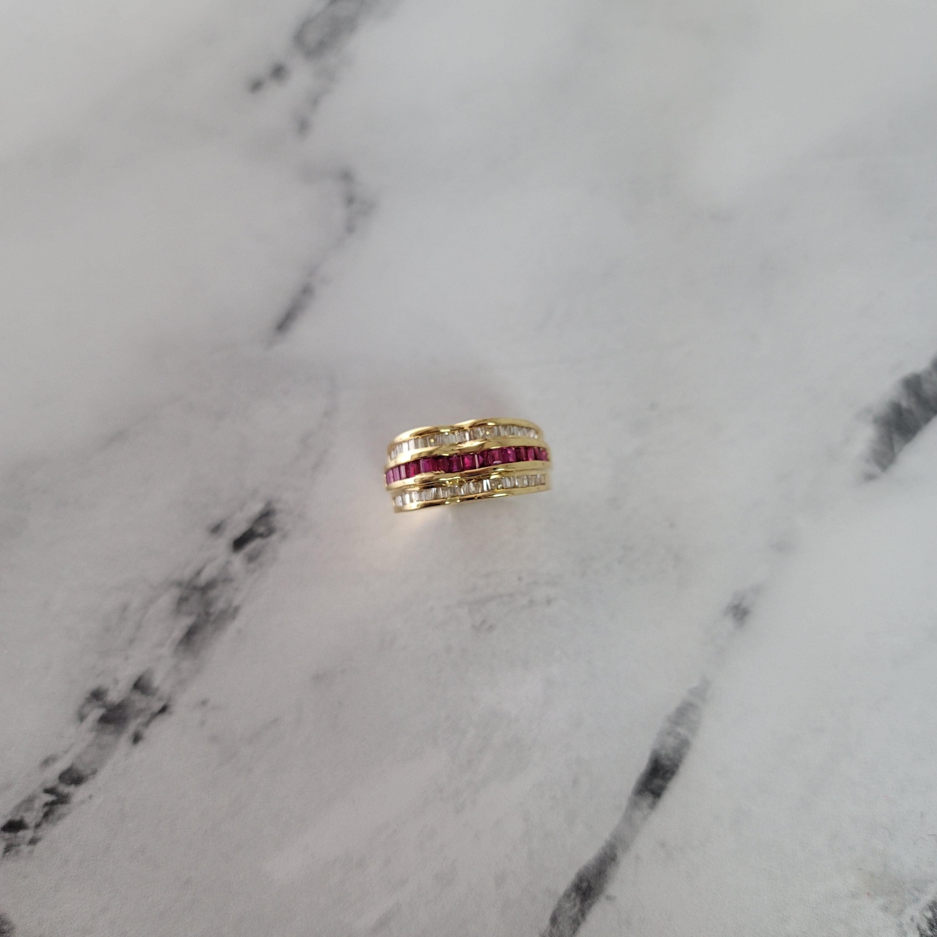 Ruby & Diamond Baguette Cocktail Ring 14k Yellow Gold