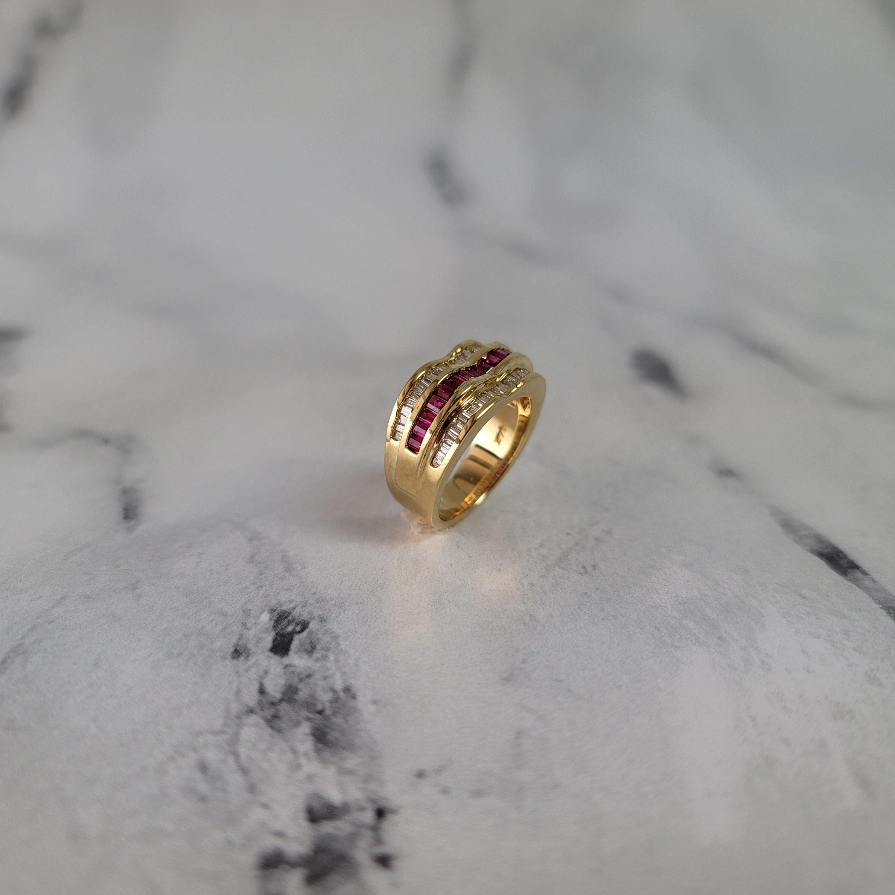 Ruby & Diamond Baguette Cocktail Ring 14k Yellow Gold