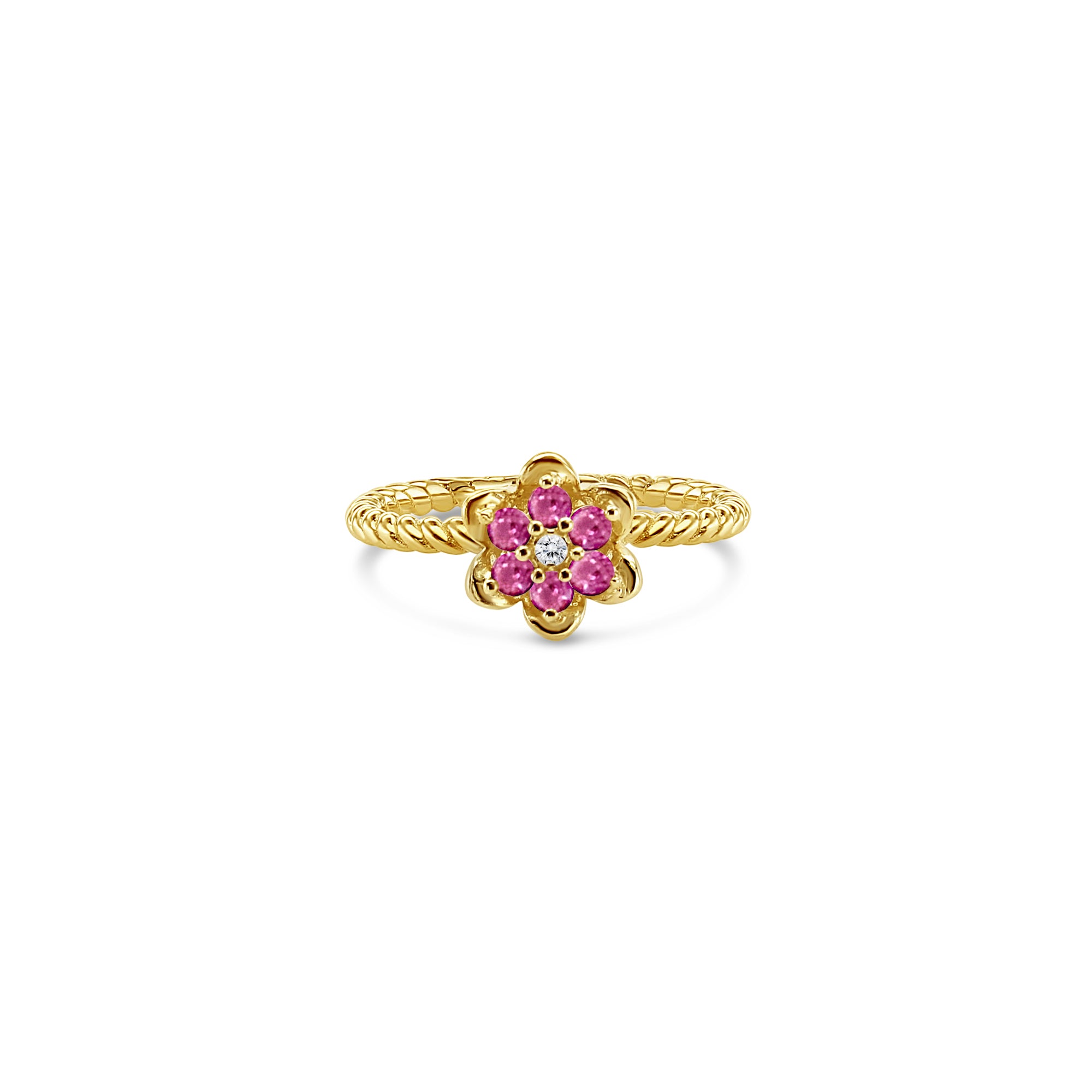 Anillo de oro amarillo de 14 k con flor de tulipán y turmalina rosa