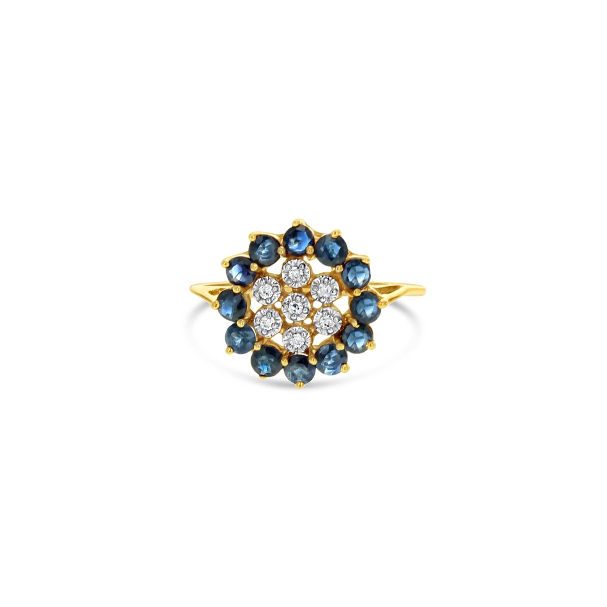 Sapphire Diamond Sunburst Ring 14k Yellow Gold
