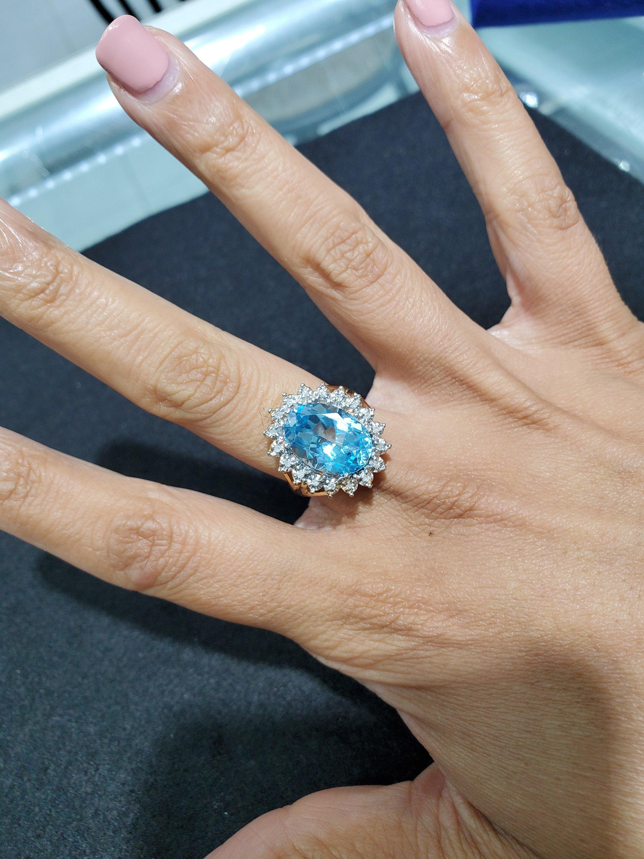 Seven Carat Blue Topaz Diamond Halo Engagement Ring