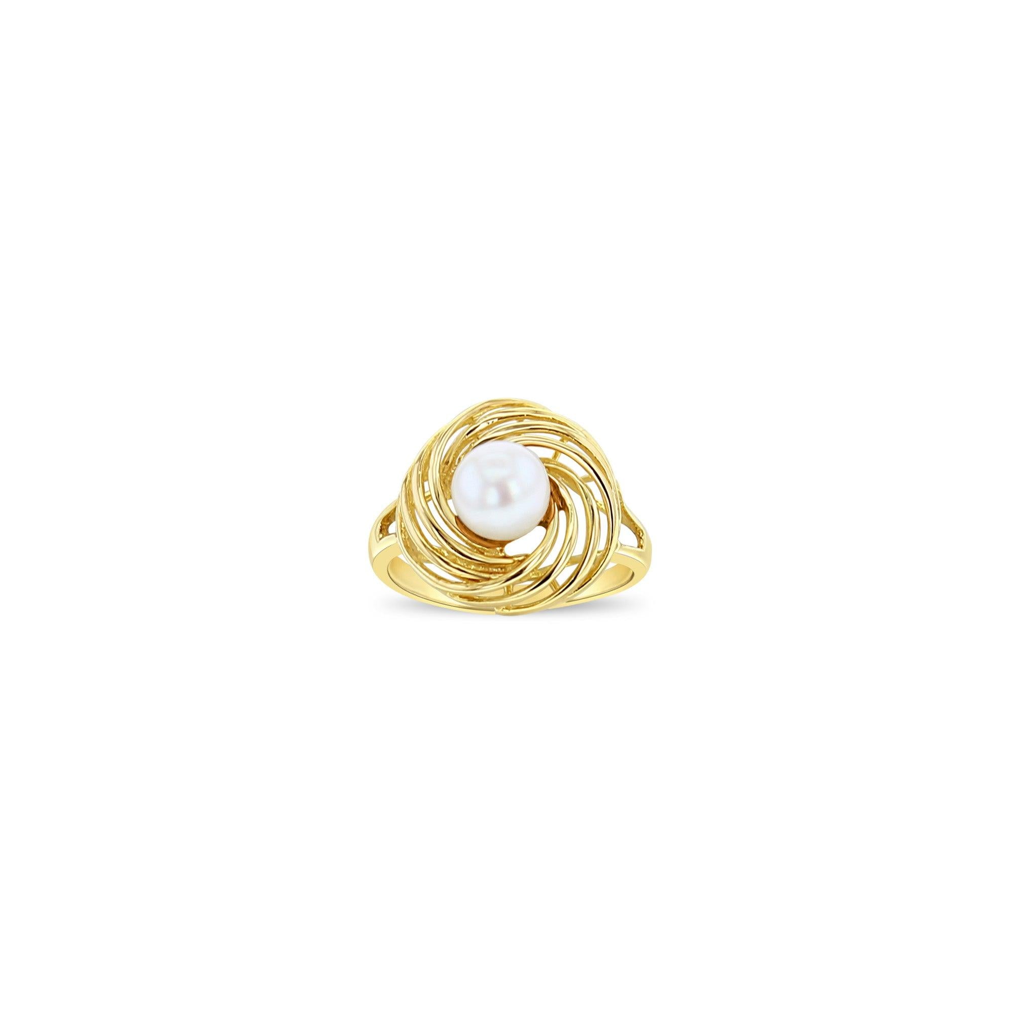 Solitaire Pearl Ring with Swirl Gold Design 14k Yellow Gold