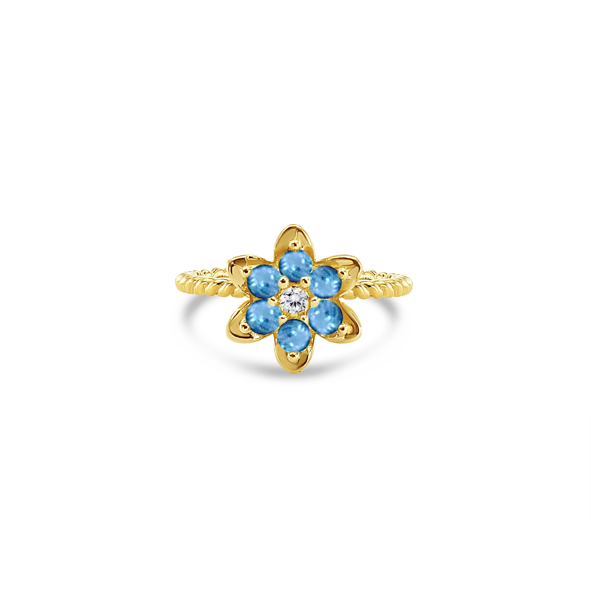 Anillo alto con flor de tulipán y aguamarina en oro amarillo de 14 k