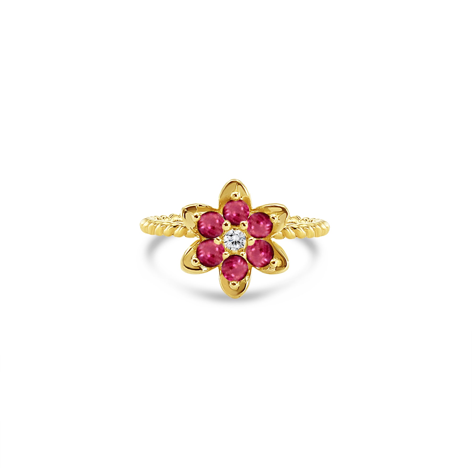 Anillo alto con tulipán y rubí en oro amarillo de 14 k