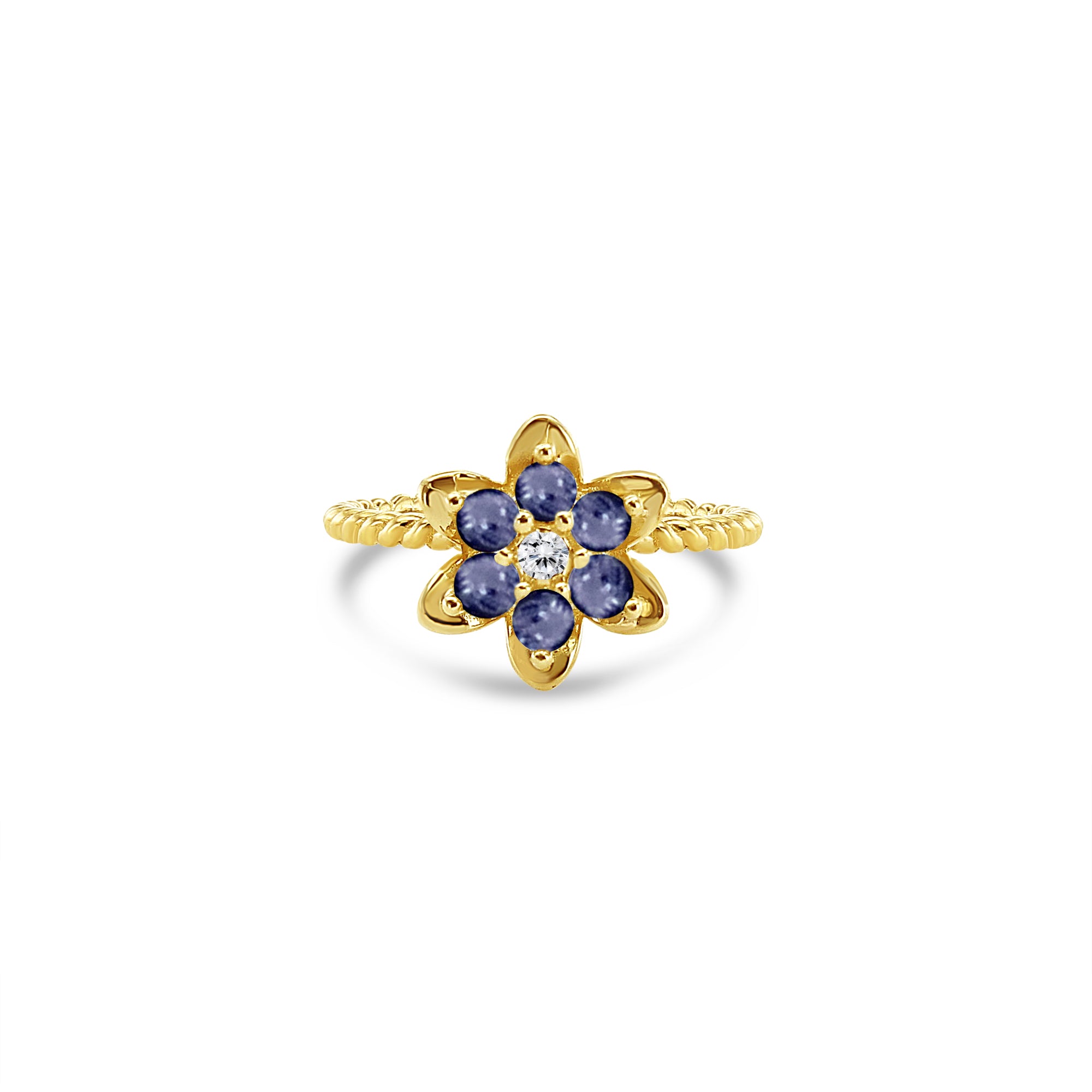 Anillo alto de oro amarillo de 14 k con tulipán y zafiro