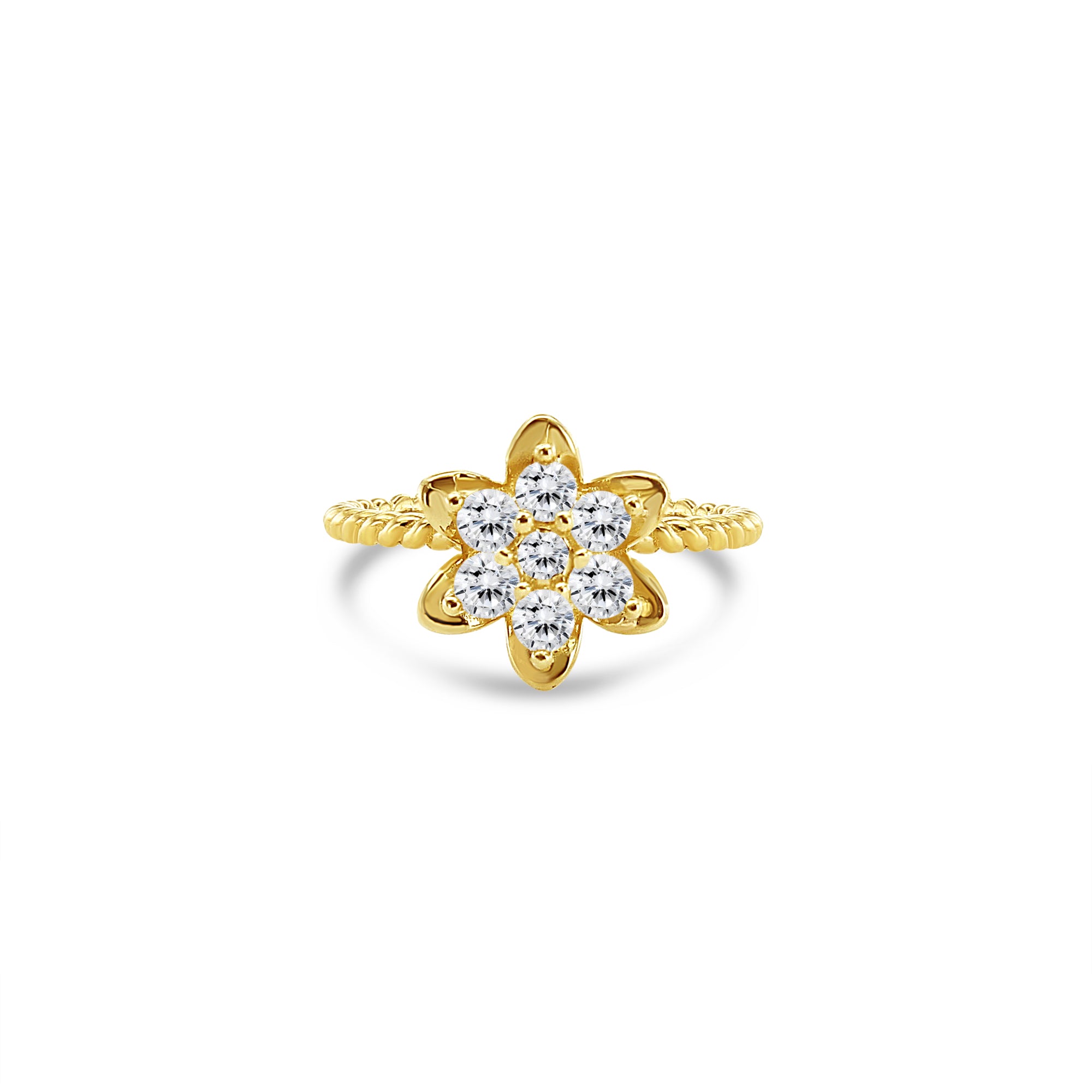 Anillo alto de diamantes con forma de tulipán en oro amarillo de 14 k