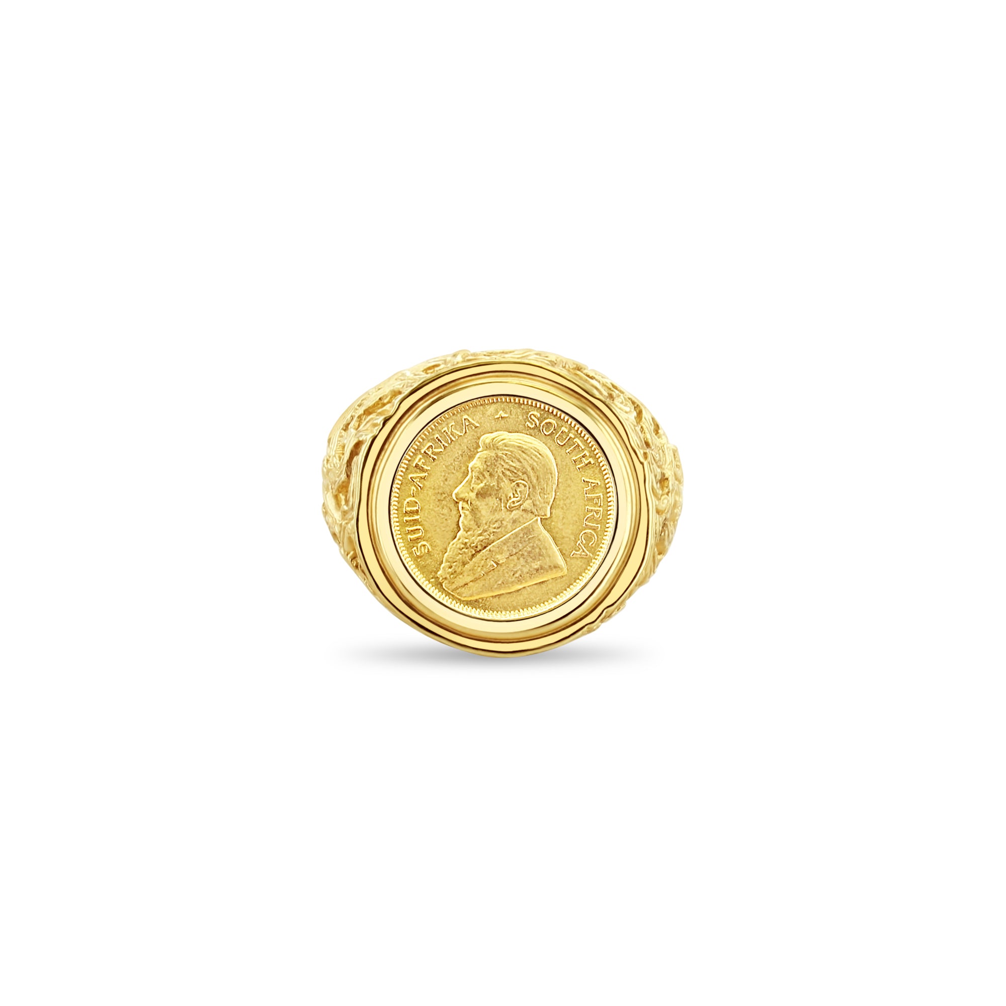 Anillo con moneda sudafricana y diseño de rama de árbol