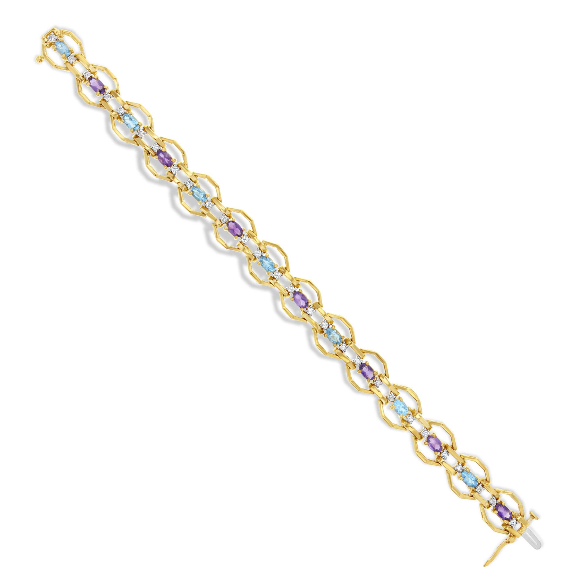 Pulsera de tenis con diamantes, amatista y topacio azul