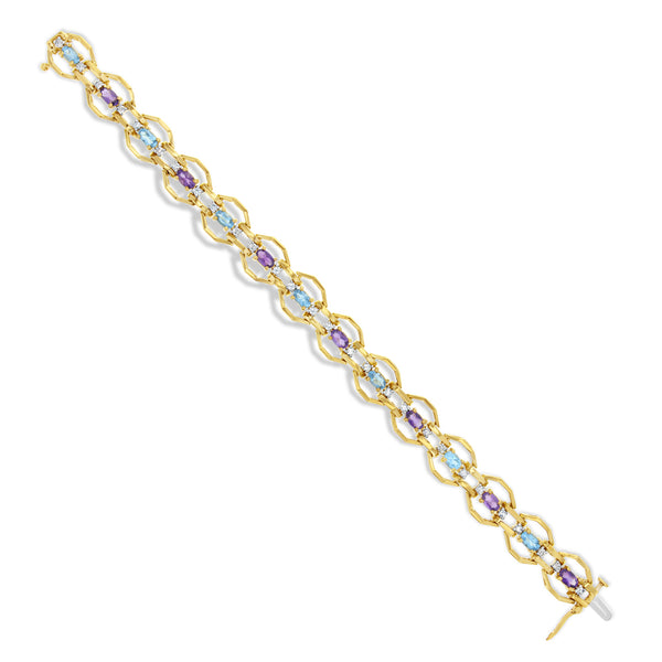Diamond, Amethyst & Blue Topaz Tennis Bracelet 7.28cttw 14k Yellow Gold