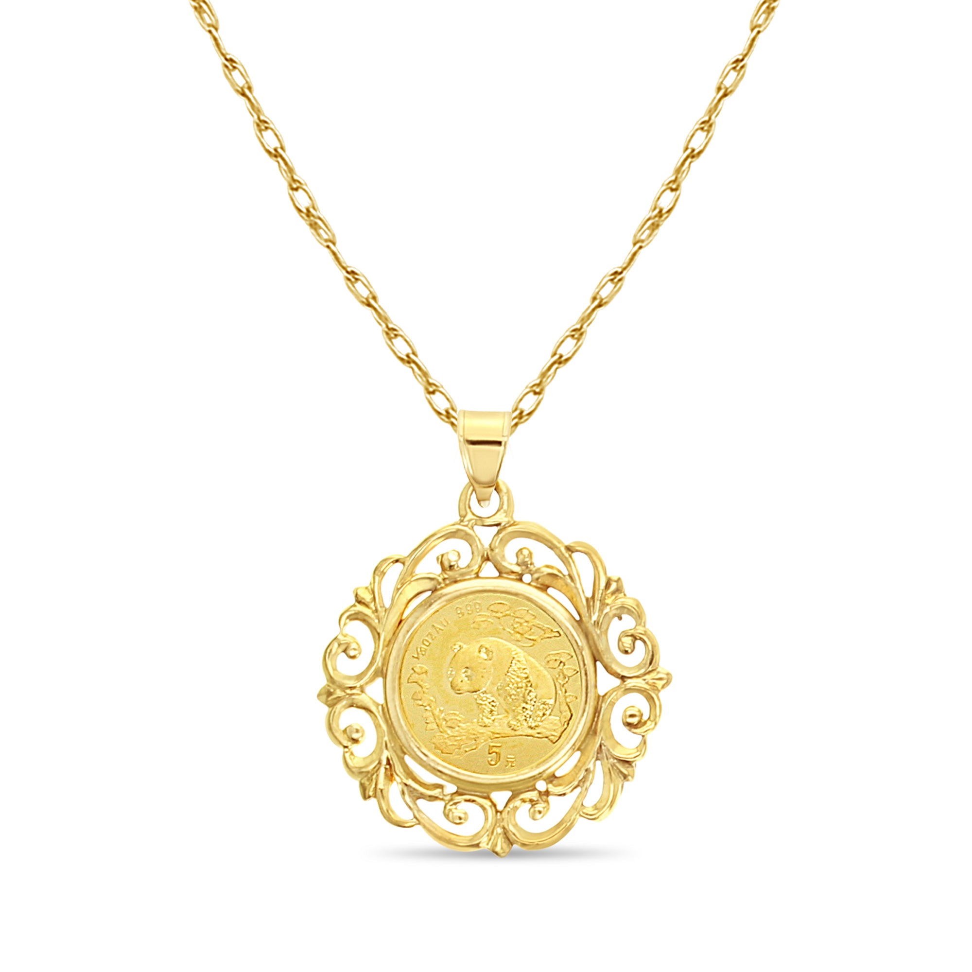 Collar de oro de 1/20 oz con moneda Panda de 1997 y bisel de oro amarillo de 14 k