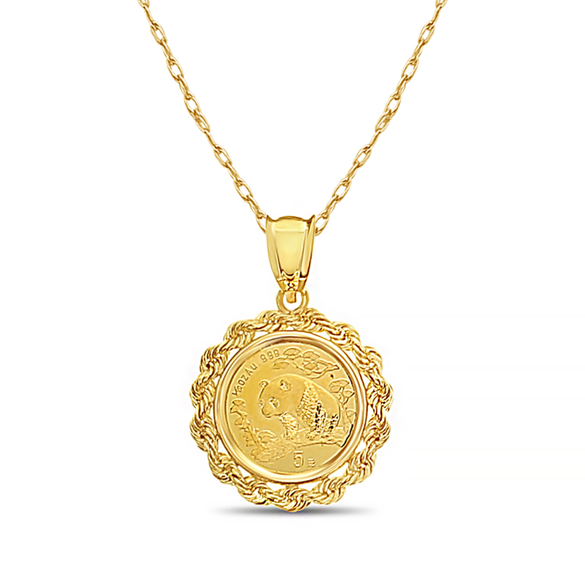 Collar con moneda de panda de oro fino de 1/20 oz con bisel de cuerda