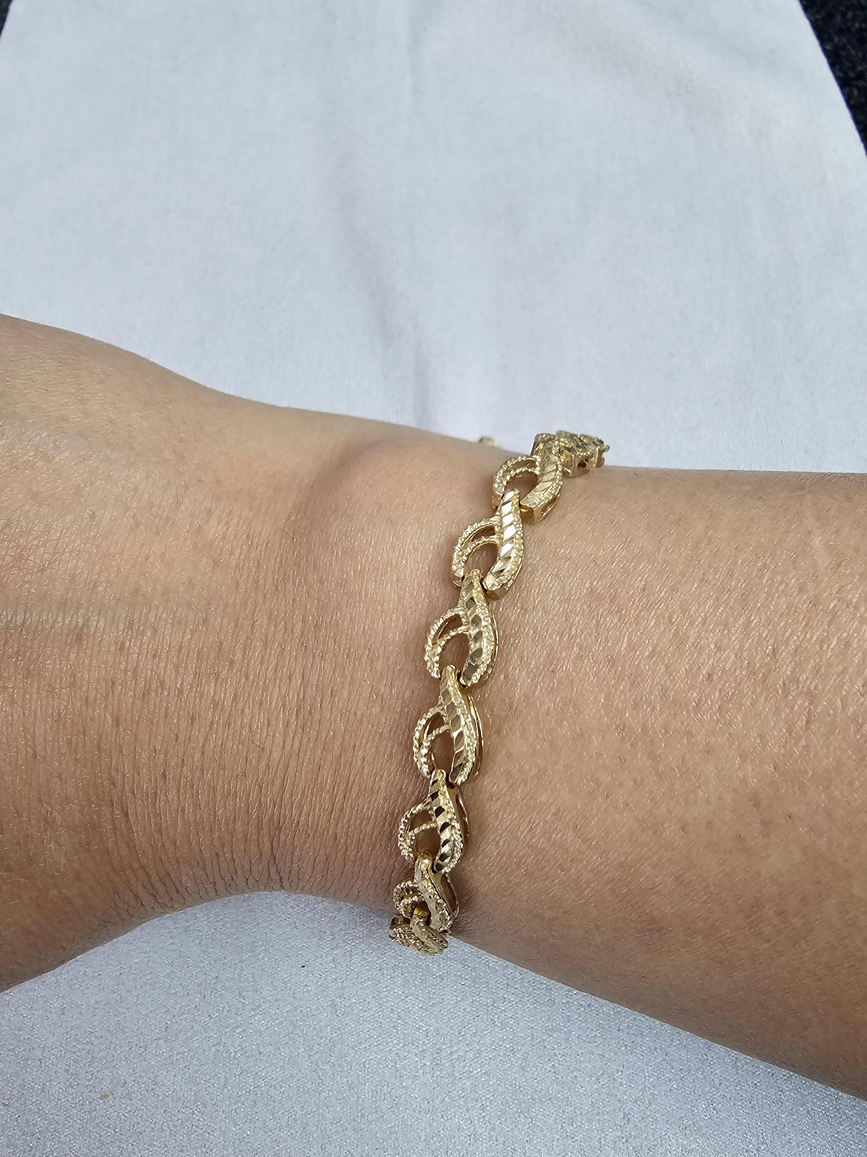 Fancy Link Bracelet with Diamond Cuts 14k Yellow Gold