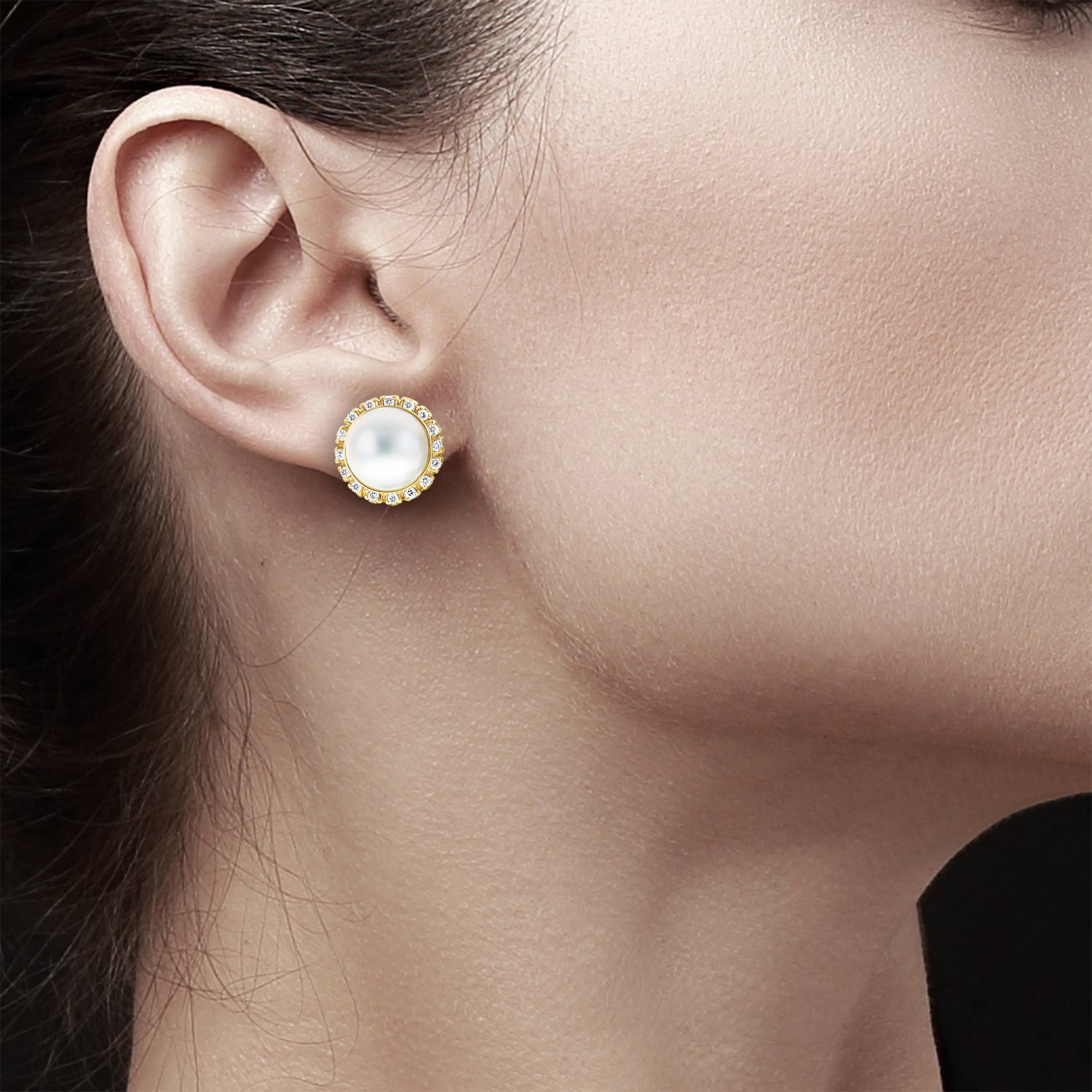 Boucles d'oreilles Mabe Pearl Diamond Halo 0,75 ct en or jaune 14 carats