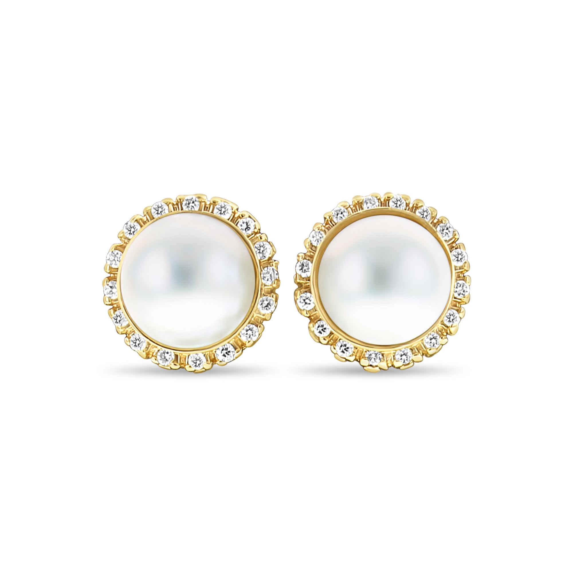 Boucles d'oreilles Mabe Pearl Diamond Halo 0,75 ct en or jaune 14 carats