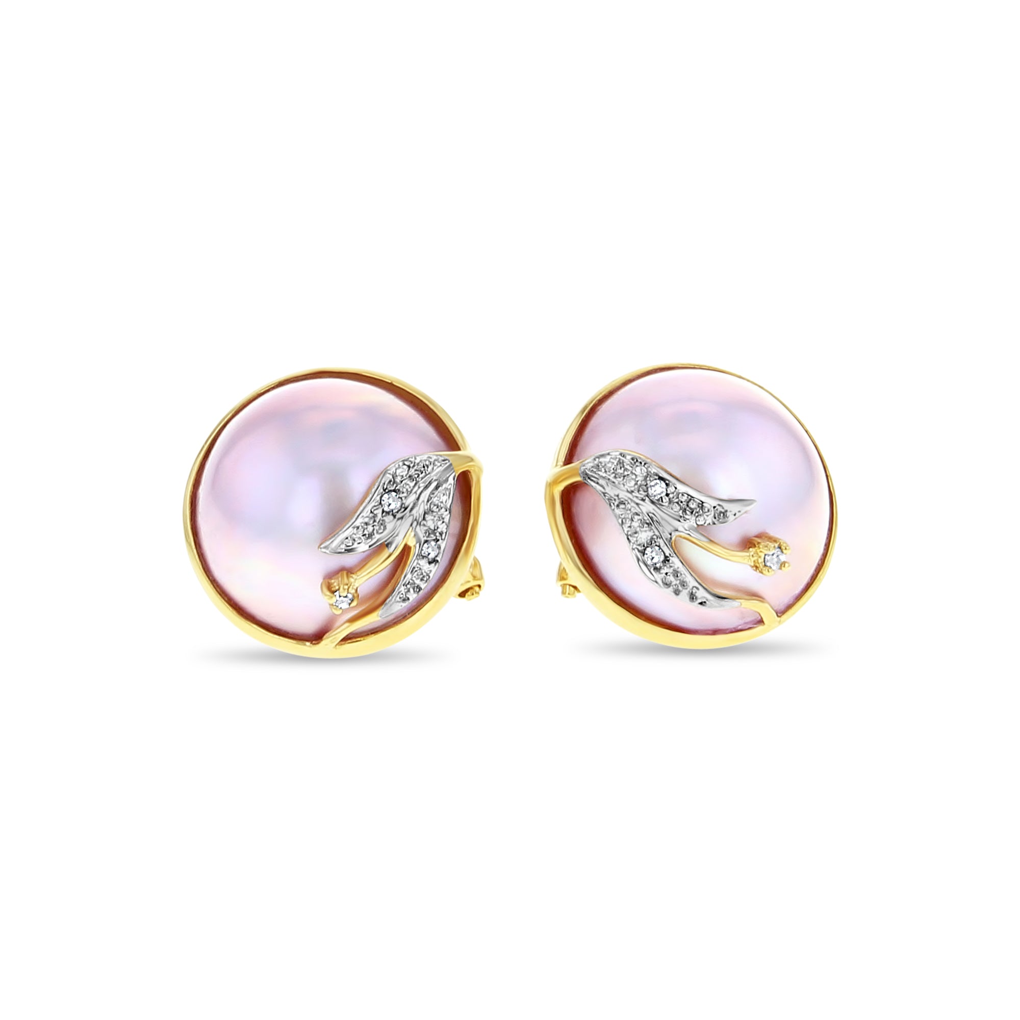 Boucles d'oreilles en nacre rose et diamants en or jaune 14 carats