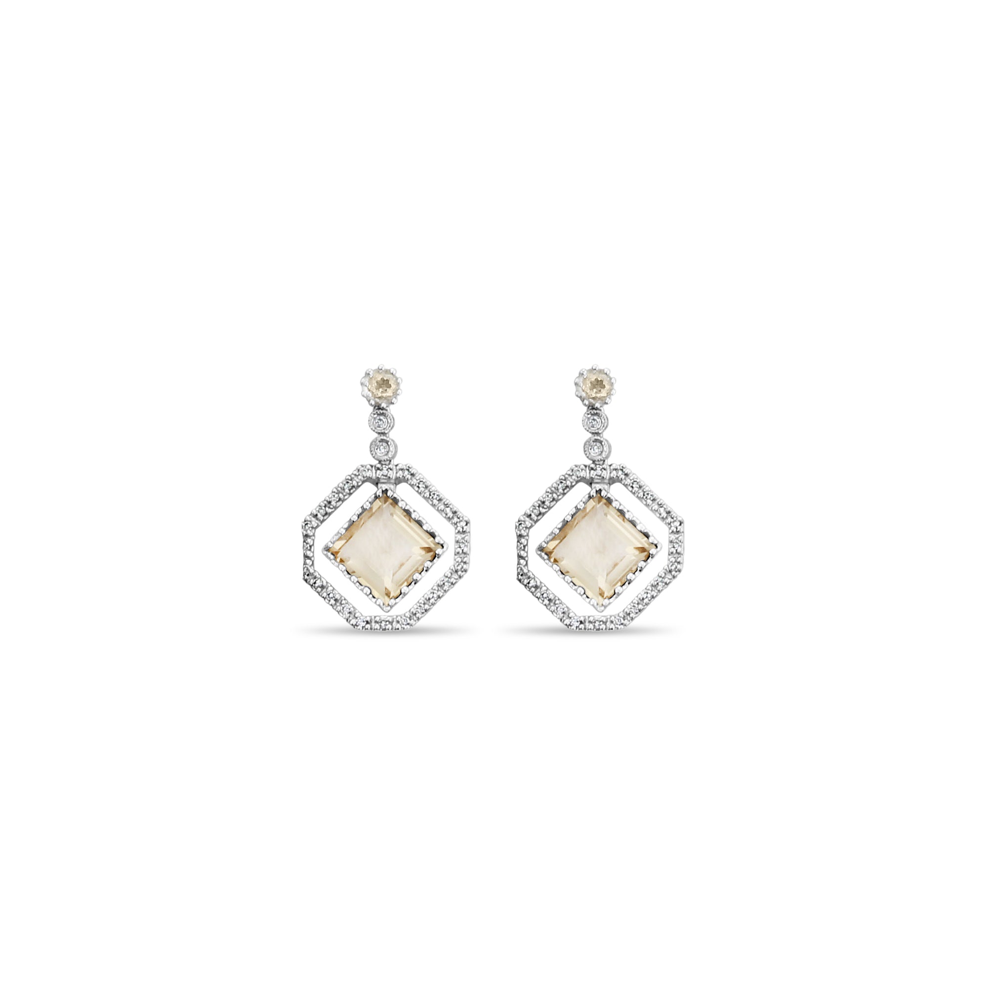 Citrine Quartz Dangling Drop Diamond Earrings 3.63cttw 14k White Gold