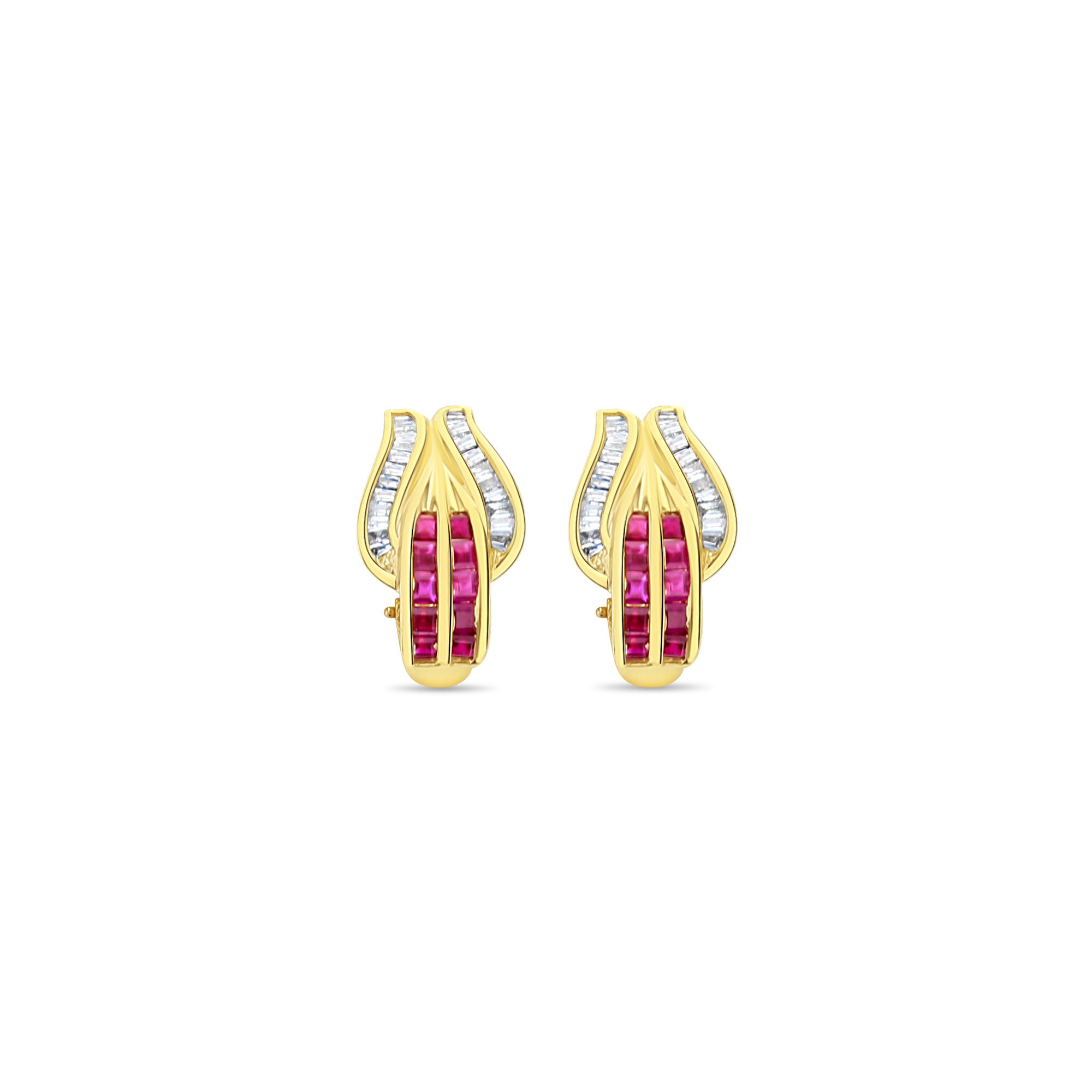 Pendientes de diamantes y rubíes en talla baguette en oro amarillo de 14 k