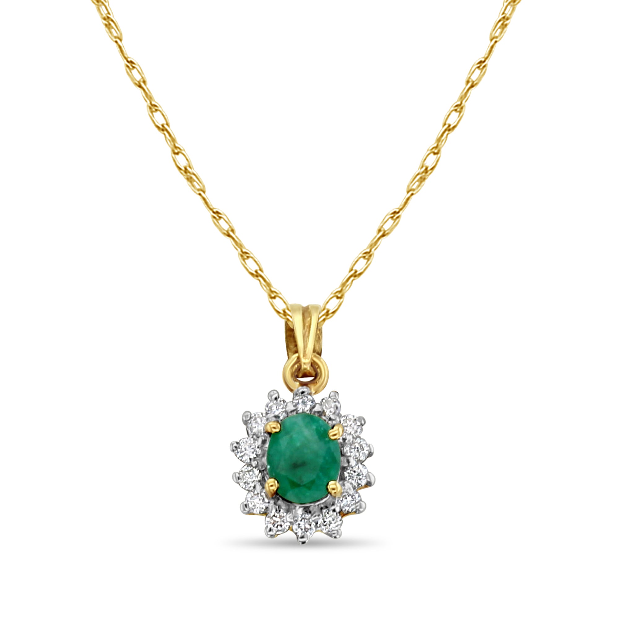 Emerald Diamond Halo Necklace 14k Yellow Gold