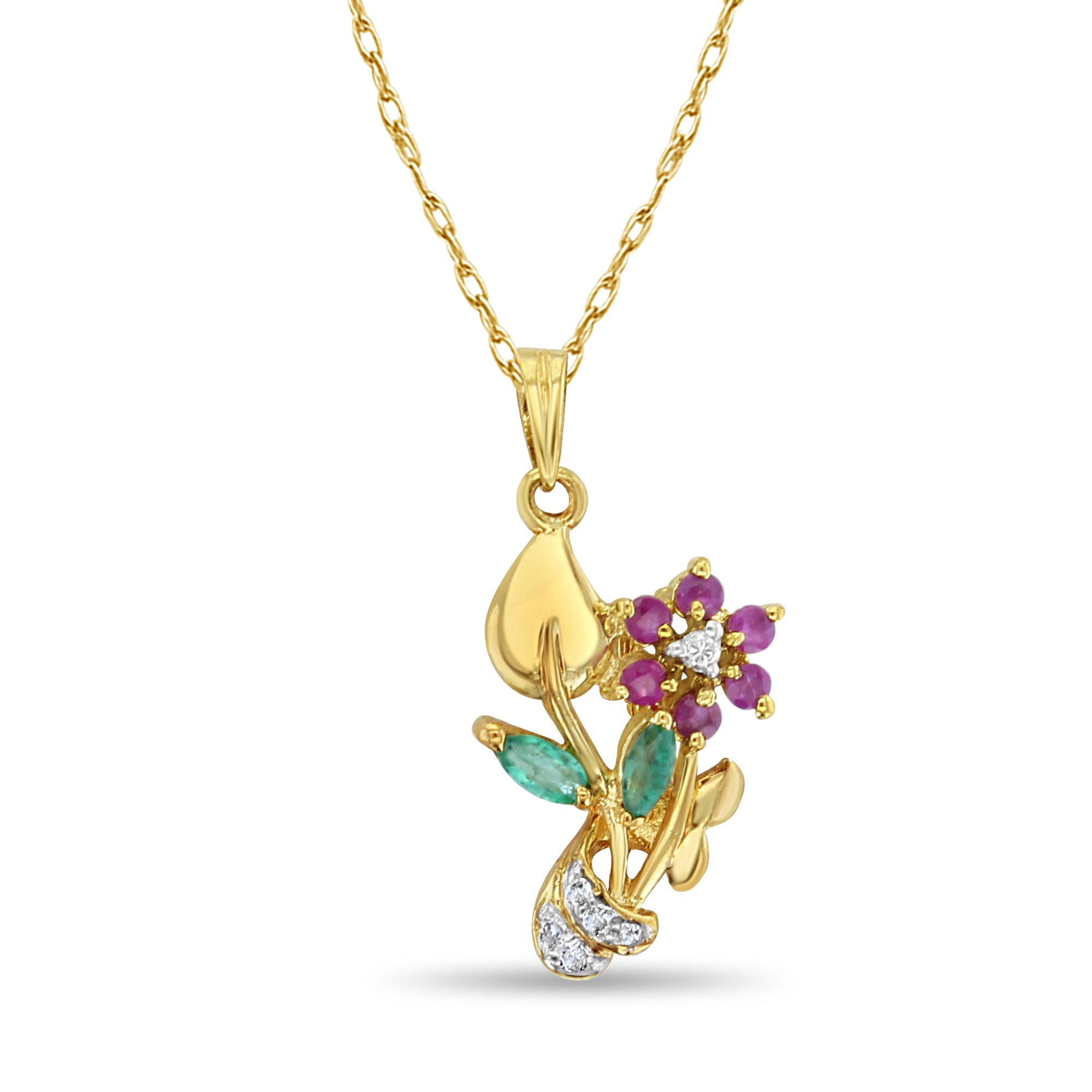 Collier en forme de fleur avec rubis, émeraude et diamant en or jaune 14 carats