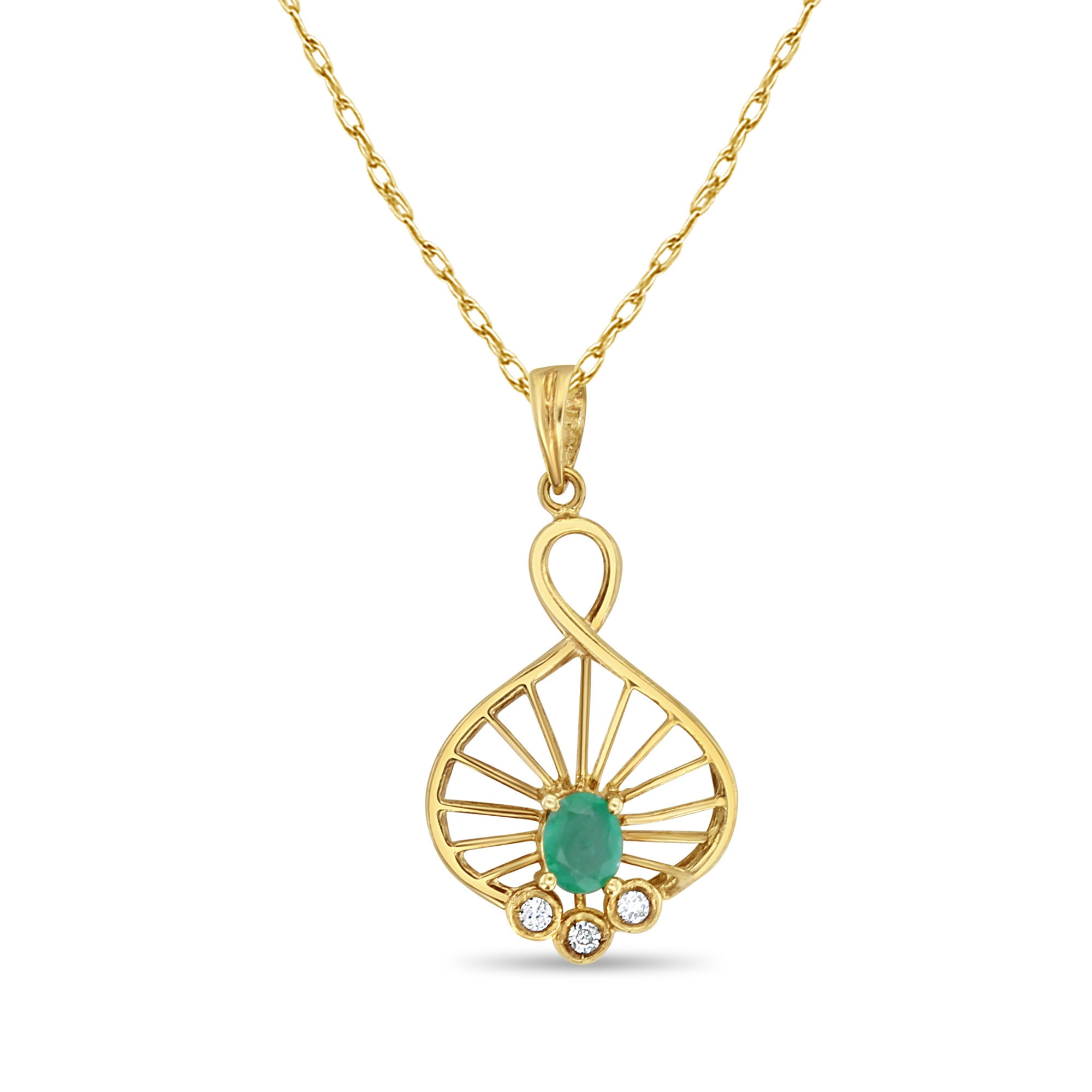 Emerald Fan Style Necklace with Diamond Accents 14k Yellow Gold