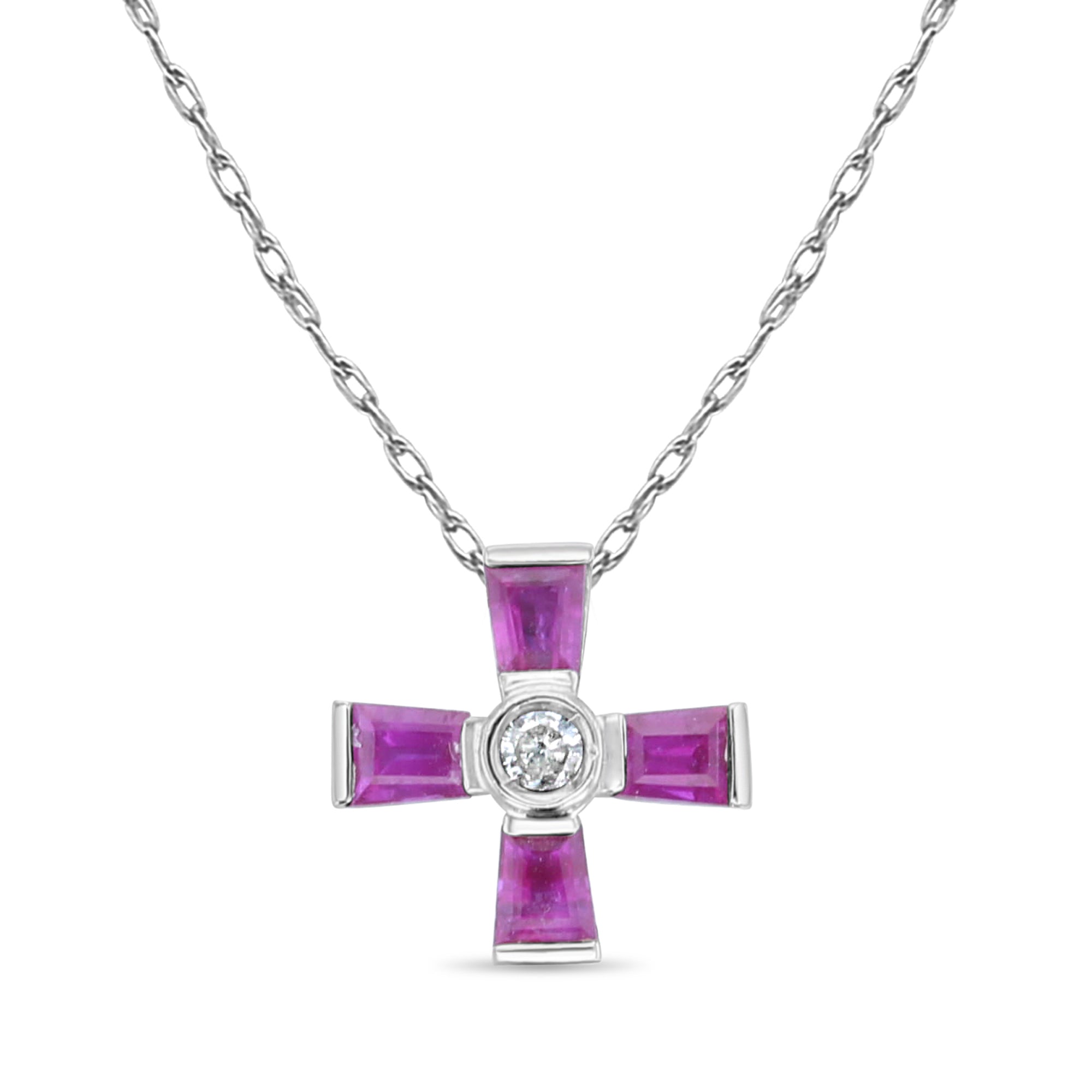 Ruby & Diamond Mini Cross Necklace 14k White Gold