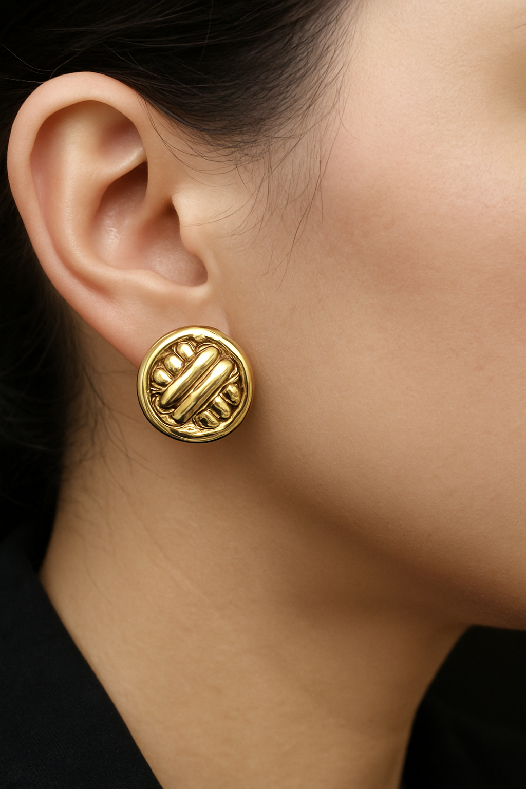 Retro Button "X" Omega Back Earrings 14k Yellow Gold