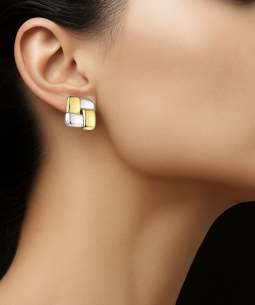 Square White & Yellow Ribbon Earrings 14k Gold
