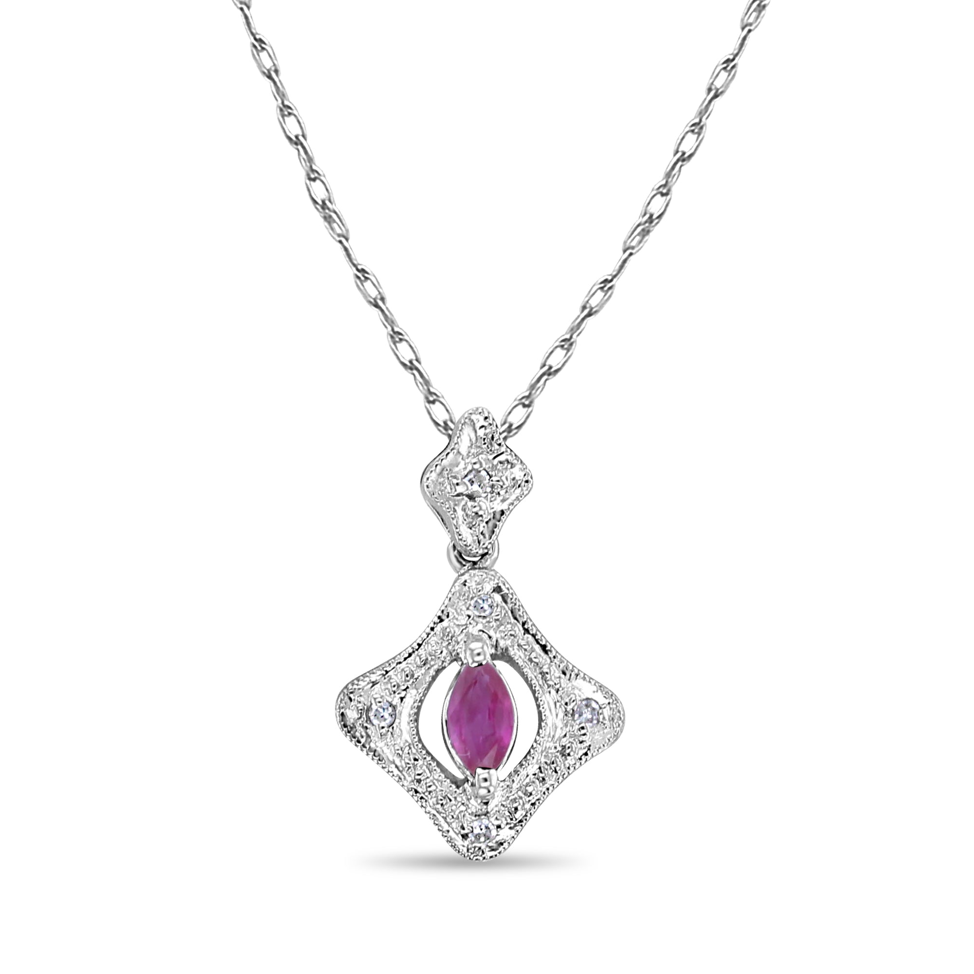 Ruby & Diamond Antique Style Necklace 14k White Gold