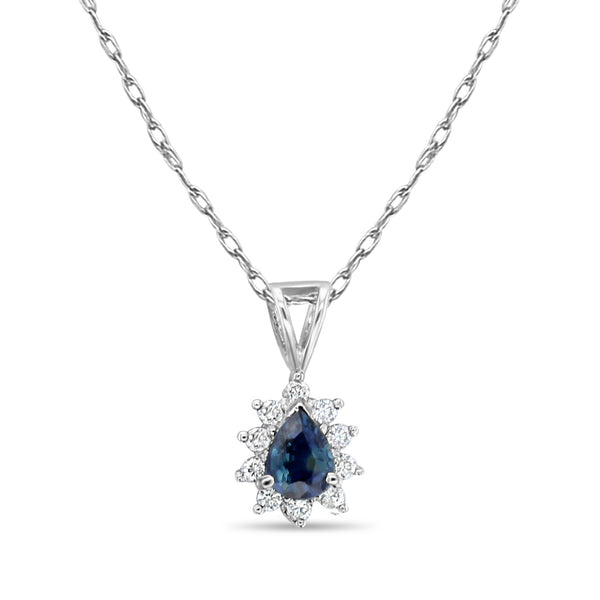 Pear Shaped Sapphire Diamond Halo Necklace 14k White Gold