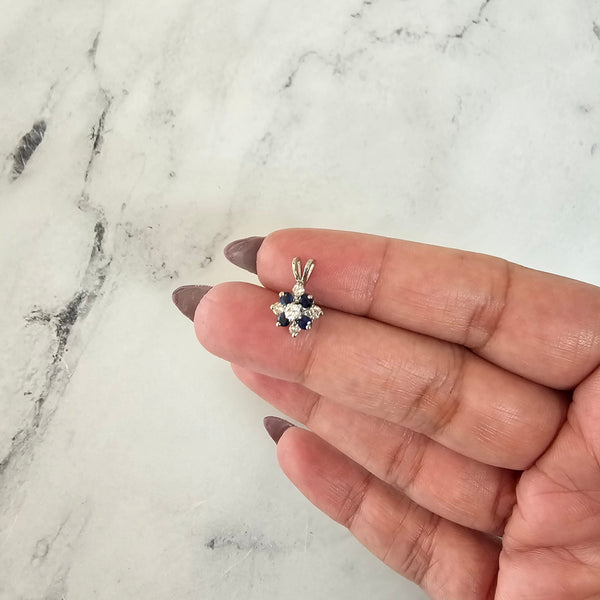 Sapphire Diamond Flower Shaped Necklace 14k White Gold