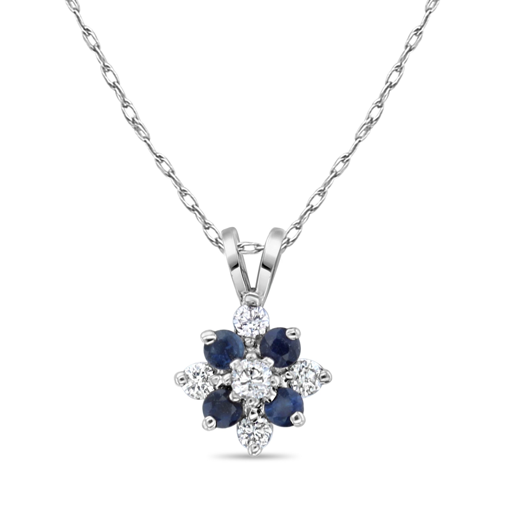 Sapphire Diamond Flower Shaped Necklace 14k White Gold