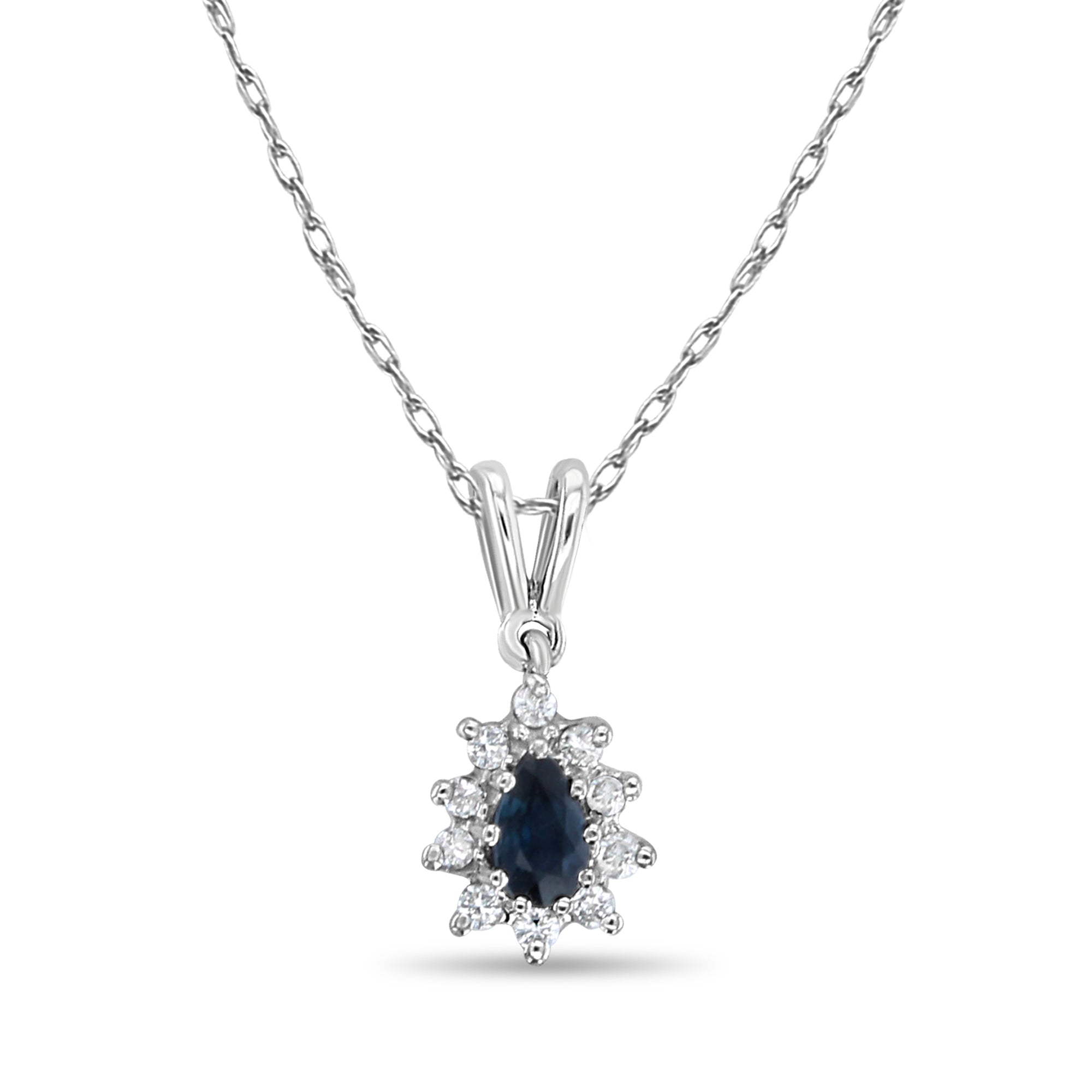 Collier délicat en forme de poire avec saphir et halo de diamants en or blanc 14 carats